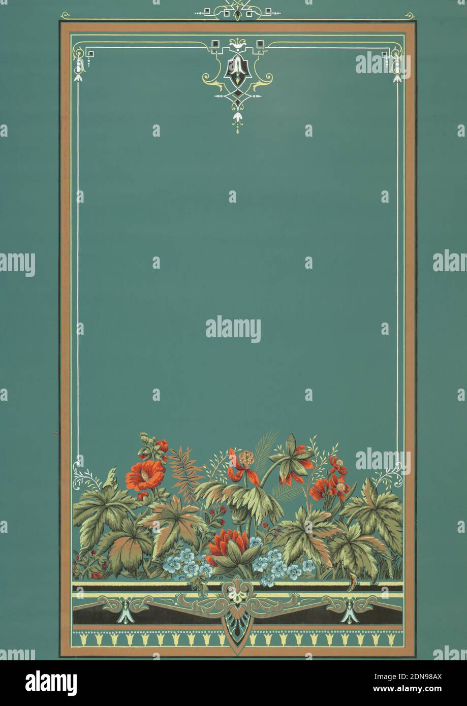 Fensterschirm, maschinenbedruckt, großer rechteckiger Rahmen, breites Band von bunten Blumen über den Boden des Schattens. Gedruckt auf grünem Papier., USA, 1875–1890, Wandbeläge, Fensterschirm Stockfoto