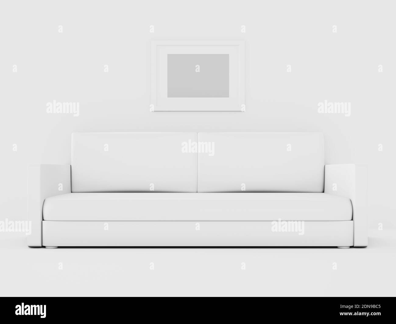Weißes minimalistisches Sofa und großer Rahmen, 3D-Illustration Stockfoto
