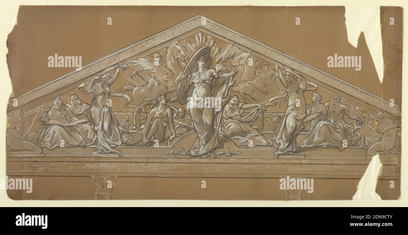 Industrie und Handel (Design for pediment), Walter Shirlaw, American, B. Schottland, 1838–1909, Schwarzer Buntstift, weiße Kreide auf braunem Karton, Athena steht in der Mitte, flankiert von sitzenden Figuren. Links ein Reiter auf einem geflügelten Pferd; rechts zwei Pferde eines Wagens. An den seitlichen Ecken, stehende Frauen mit Rollen und Gruppen von zwei sitzenden und einer knienden Figur. Die sitzenden Figuren stellen zwei Frauen dar, die aus einem Buch studieren, links eine Frau und Mercurius, rechts. Der von zwei skizzierten Kapitolen unterstützte Giebel., USA, 1875–80, Architektur, Zeichnung Stockfoto