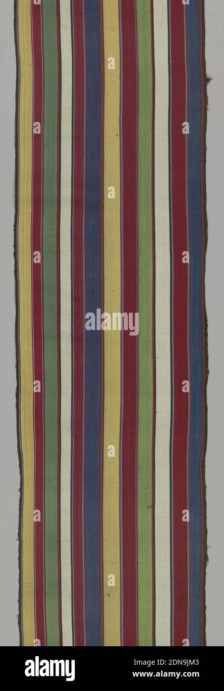 Textil, Medium: Seide, schmale Seidenlänge in gelb, rot, grün, weiß und blau vertikale Streifen, die durch kleinere Streifen in schwarz und dunkelblau., Frankreich, Ende des 19. Jahrhunderts, gewebte Textilien, Textil Stockfoto