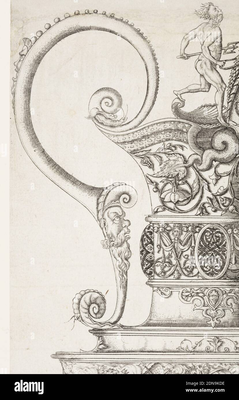 Krug mit Neptun-Figur, aus 'Insignae AC Planè Novum Opis Cratero Graphicum (EINE neue künstlerische Arbeit, eminent und klar, auf dem Schiff), Matthias Zündt, Deutsch, 1498 - 1572, Radierung auf gedecktem Papier, EIN Wal, auf der Lippe des Kegels, ist im Begriff, Jonah zu schlucken. Auf dem Körper ist eine Szene mit Seeungeheuern und Seegöttern, von denen einer eine Frau wegträgt., Deutschland, 1551, Metallarbeiten, Druck Stockfoto