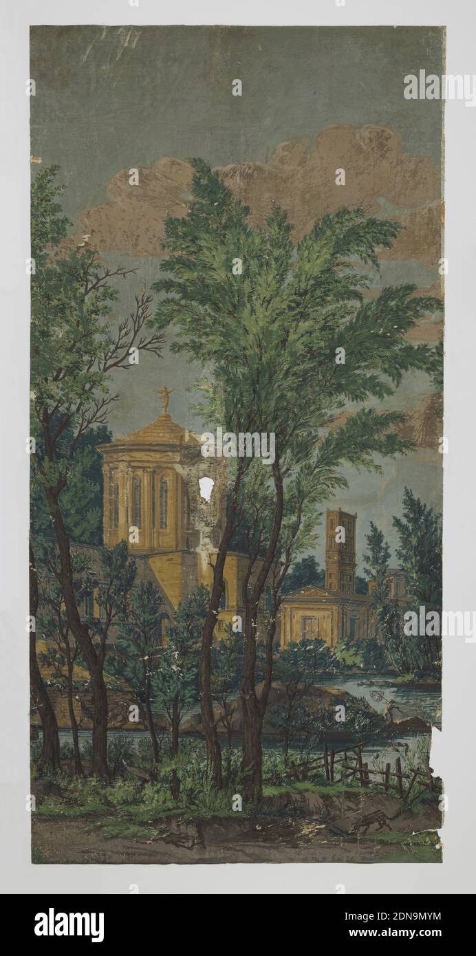 Vues d'Italie, Blockdruck auf handgeschöpftem Papier, a) kleines horizontales Rechteck aus "Himmel", das einst über einer Tür hing;, Frankreich, 1810–15, Wallcoverings, Scenic, Scenic Stockfoto