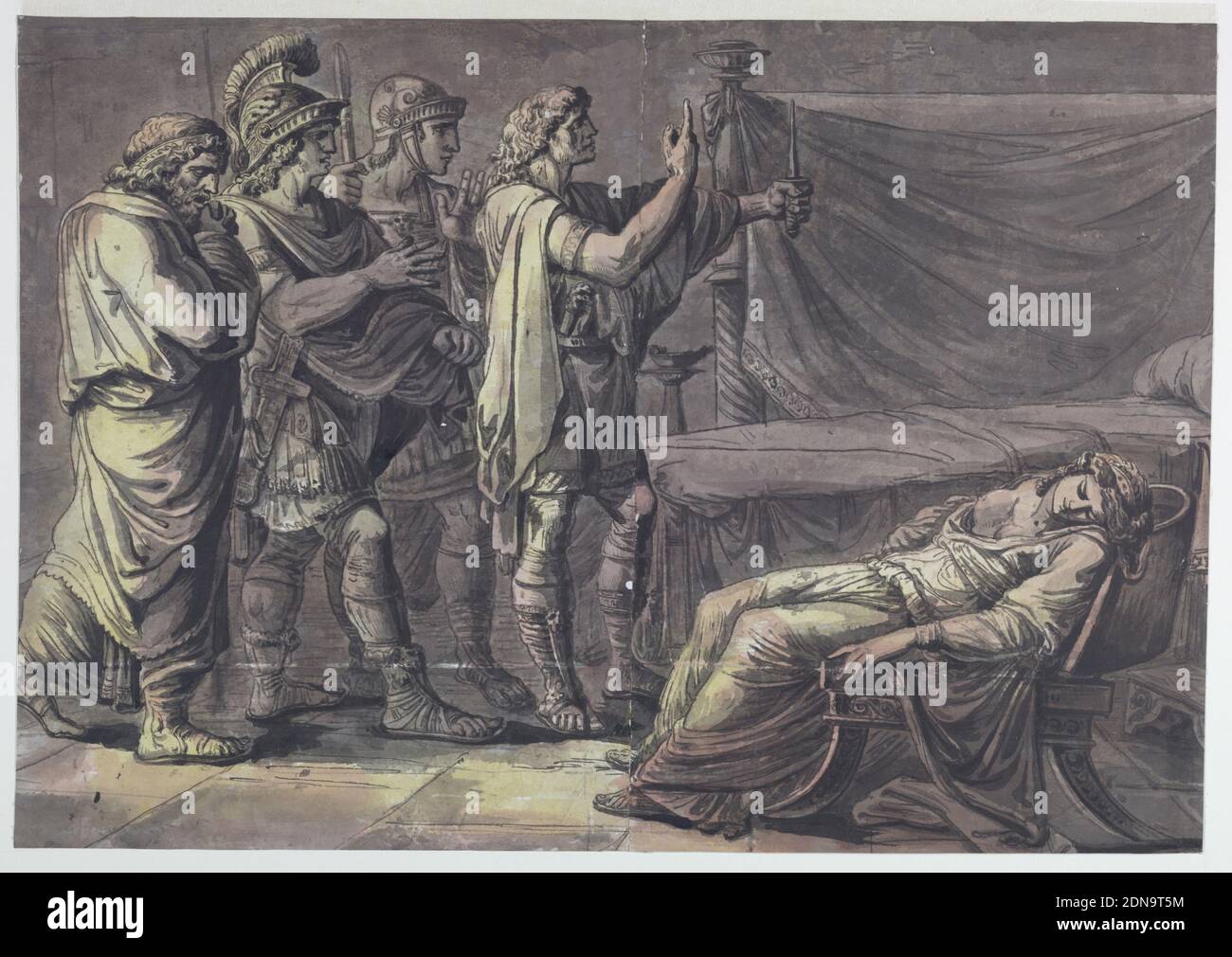 Nero findet den Körper seiner Mutter, Agrippina, Feder und schwarze Tinte, Pinsel und grau, rot und gelb waschen auf weißem Papier, vier römische Männer in klassischem Kleid stehen auf der linken Seite. Die beiden Männer in der Mitte tragen Helme und Soldatenkleidung. Die vier Männer blicken auf eine tote Frau zu ihrer Rechten, die auf einem Stuhl vor einem Bett sitzt. Der Mann, der ihr am nächsten ist, hält einen Dolch hoch und zeigt in Richtung Himmel., Italien, 1800–20, Figuren, Zeichnung Stockfoto