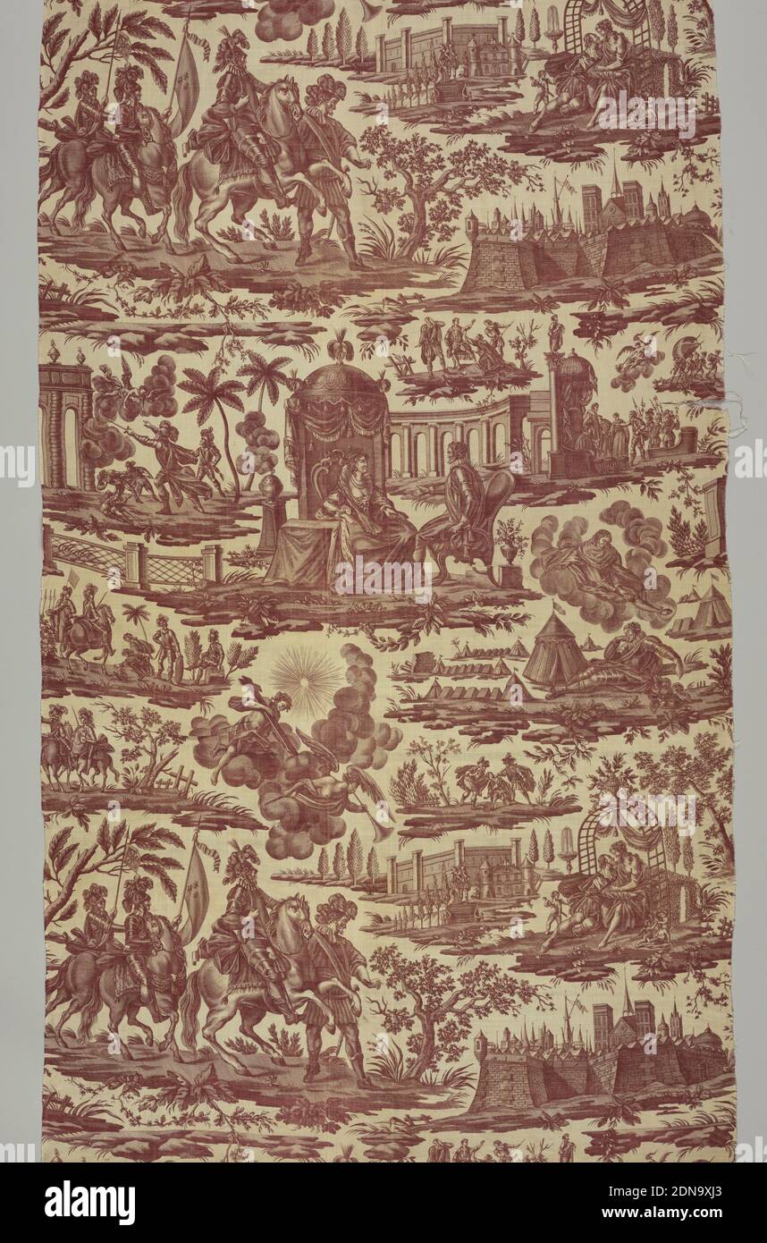 Textil, Medium: Baumwolle Technik: Gedruckt von Kupferplatte auf Leinwandbindung, Mann sitzt auf einem Stuhl vor einer Krone Königin von Frankreich, Reiter mit dem Standard von Frankreich, Engel hält eine Krone über dem Kopf eines schlafenden Kriegers, Trompetenengel eskortiert das Kreuz, amourösen Szenen, Fontainebleau Palast und andere Szenen. In Sepia auf Natur., Frankreich, ca. 1795, bedruckte, gefärbte & bemalte Textilien, Textil Stockfoto