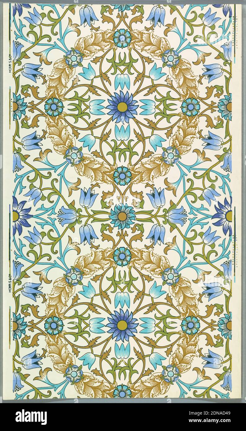 Vine, William Morris, (British, 1834–1896), Arthur Sanderson & Sons, Ltd., (London, gegründet 1860), Block-Printed paper, A) 'Vine' Printed in Blues, Lavendel und Grün. Gedruckt aus neun Holzblöcken; b) 'der Kranz' gedruckt in tan, zwei Blautönen und Grün. Florales Design für die Decke; d) 'Net Ceiling' in zwei Grautönen, grau-chartreuse gedruckt. Flache Blüten- und Blattformen entspringen aus dem zentralen Quatrefoil., London, England, 1873, Wallcoverings, Sidewall, Sidewall Stockfoto