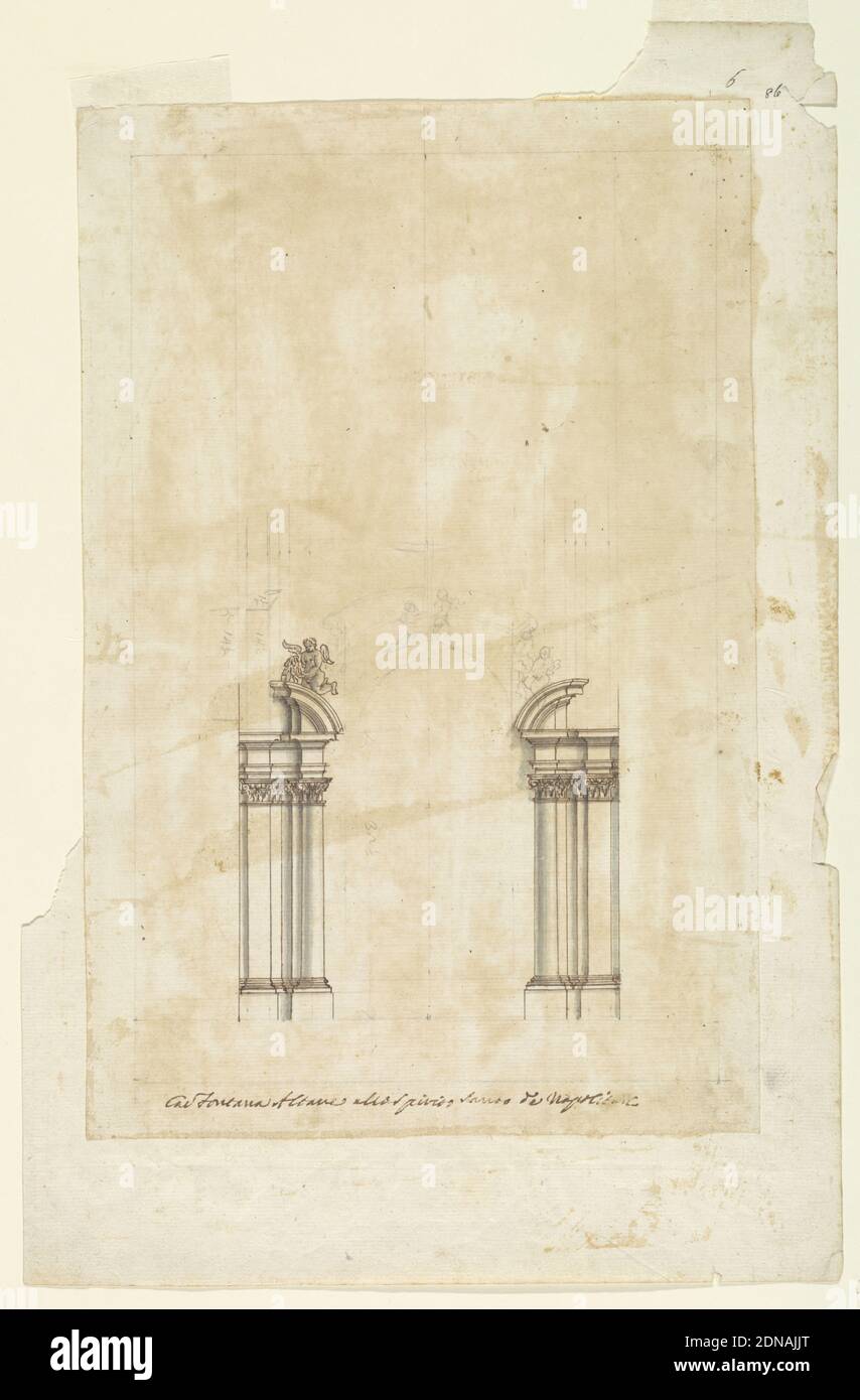 Entwurf für Altar in Santo Spirito dei Napolitani (Heiliger Geist der Neapolitaner), Rom, Italien, Stift und braune Tinte, Pinsel und Grauwäsche, Graphit auf cremefarbenem Papier, niedergelegt, Darstellung von Santo Spirito dei Napolitani (Heiliger Geist der Neapolitaner) in Rom, Italien. Die Zeichnung zeigt einen Teil des Kirchenaltars, einschließlich einer Reihe korinthischer Säulen links und rechts. Eine Struktur in Form eines Viertelkreises erscheint über jedem Satz von Spalten, mit einem Cherub auf der linken Seite. Ein leicht gezeichneter Bogen, durchsetzt mit Paaren von Cherubim in der Mitte und rechts Stockfoto