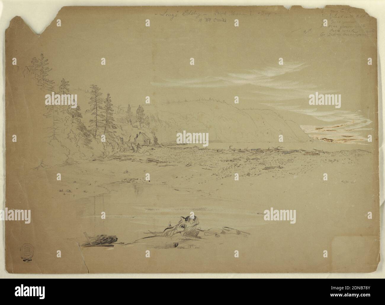 Long's Eddy, Grand Manan Island, Kanada, Frederic Edwin Church, Amerikaner, 1826–1900, Graphit, Pinsel und weiße Gouache auf cremefarbenem Papier, Horizontale Ansicht einer felsigen, hügeligen Küste zeigt schräg in der Mittel- und Rückebene, wie ein langes Haus steht, wo eine Landzunge projiziert, Die Vorderseite ist niedrig und teilweise mit Wasser gefüllt., USA, September 1851, Landschaften, Zeichnung Stockfoto