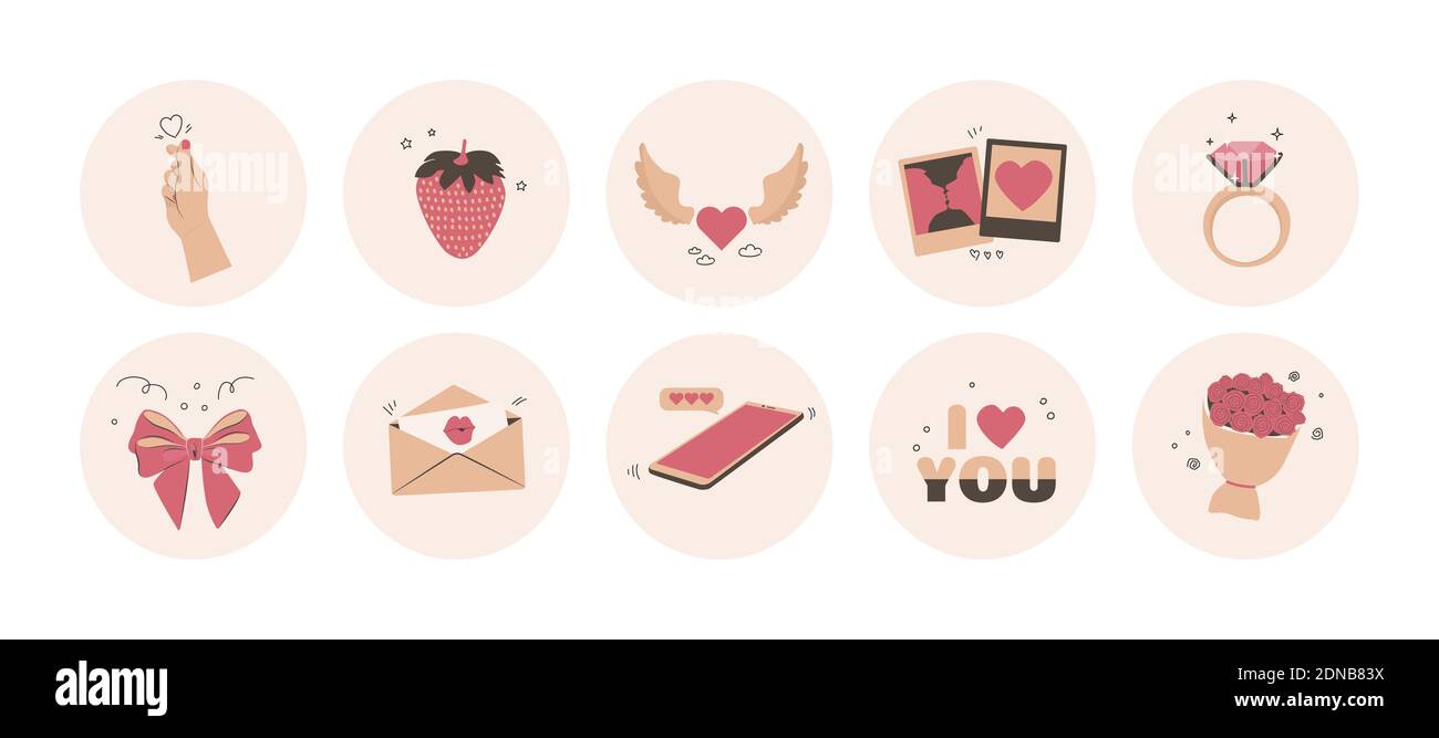Valentinstag, 14. Februar, Liebe, Hochzeit. Hebt Cover, Beiträge und Meldungen für soziale Medien hervor. Runde Abzeichen in beige, pink und braun Stock Vektor
