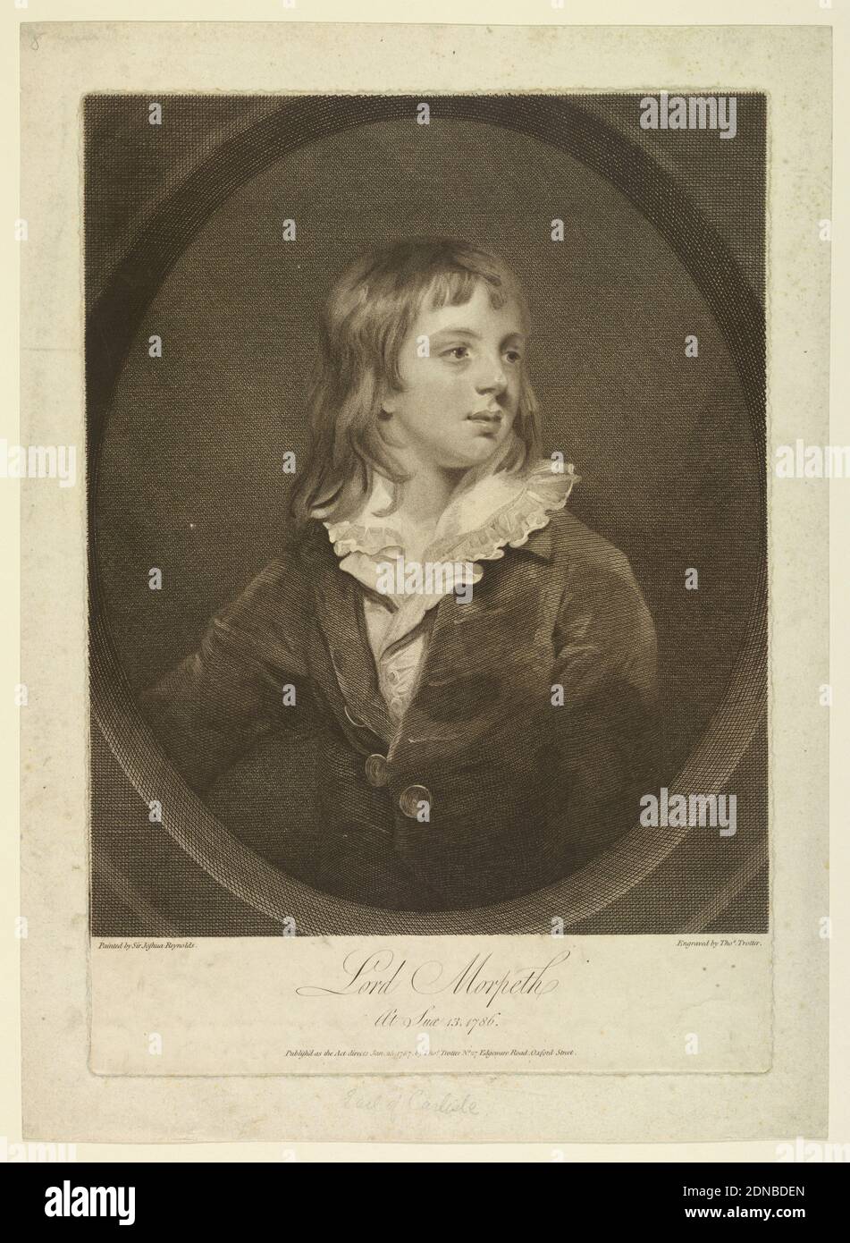 Portrait of George Howard, Sixth Earl of Carlisle, Viscount Morpeth, Thomas Trotter, Englisch, 1750 - 1803, Sir Joshua Reynolds, 1723 - 1792, Gravur in dunkelbrauner Tinte auf Papier, in einem ovalen Medaillon, die Halbfigur eines Jugendlichen, frontal gesehen, der Kopf leicht nach rechts gedreht. Porträt von George Howard, 6. Earl of Carlisle, Viscount Morpeth (1773-1848)., England, 1787, Print Stockfoto