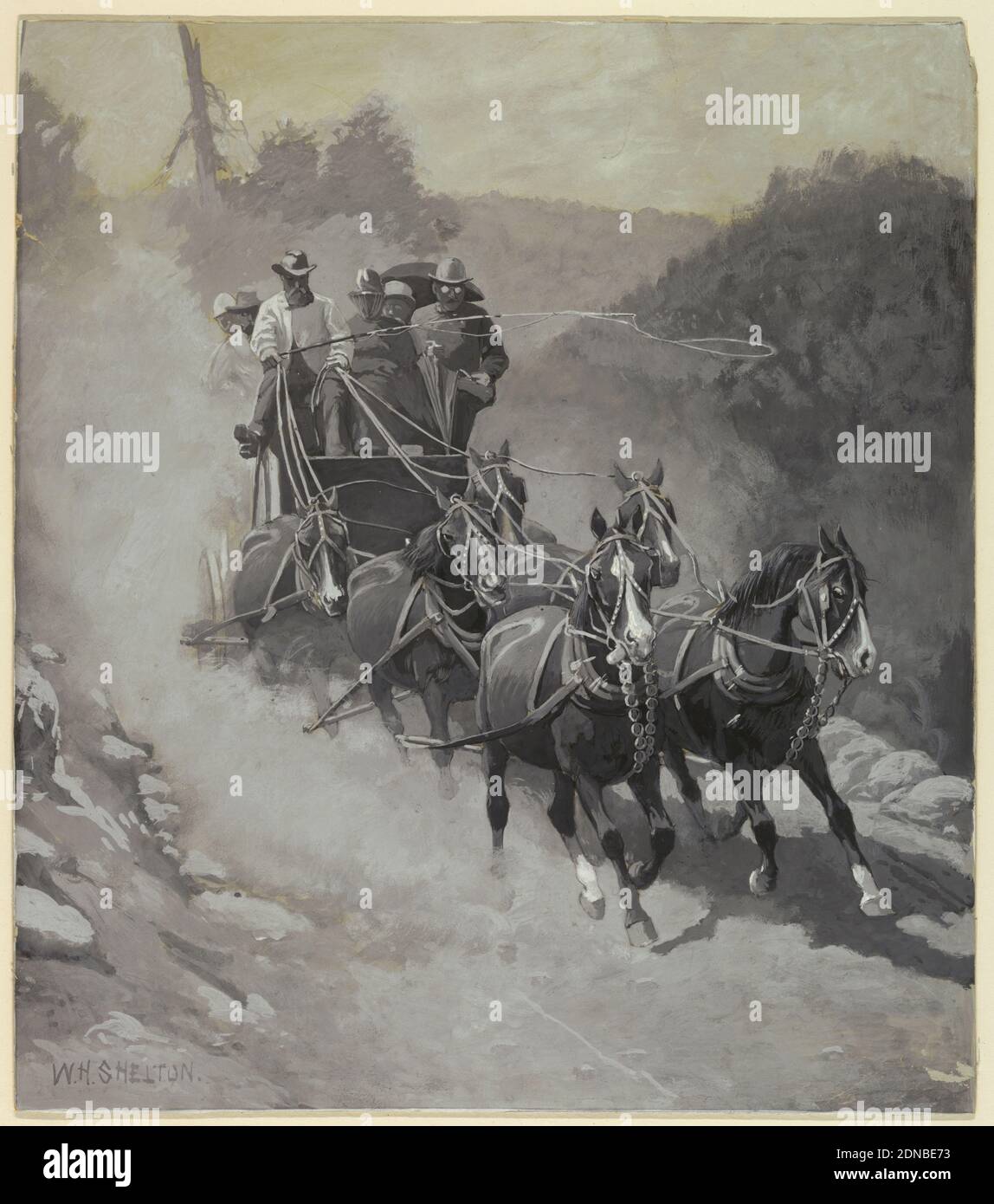 Down Grade Into the Valley, William Henry Sheldon, Amerikaner, 1840 - 1932, Pinsel und Gouache auf Illustration Board, Fahrer und sechs Passagiere im Reisebus von sechs Pferden gezogen., USA, 1890, Figuren, Zeichnung Stockfoto