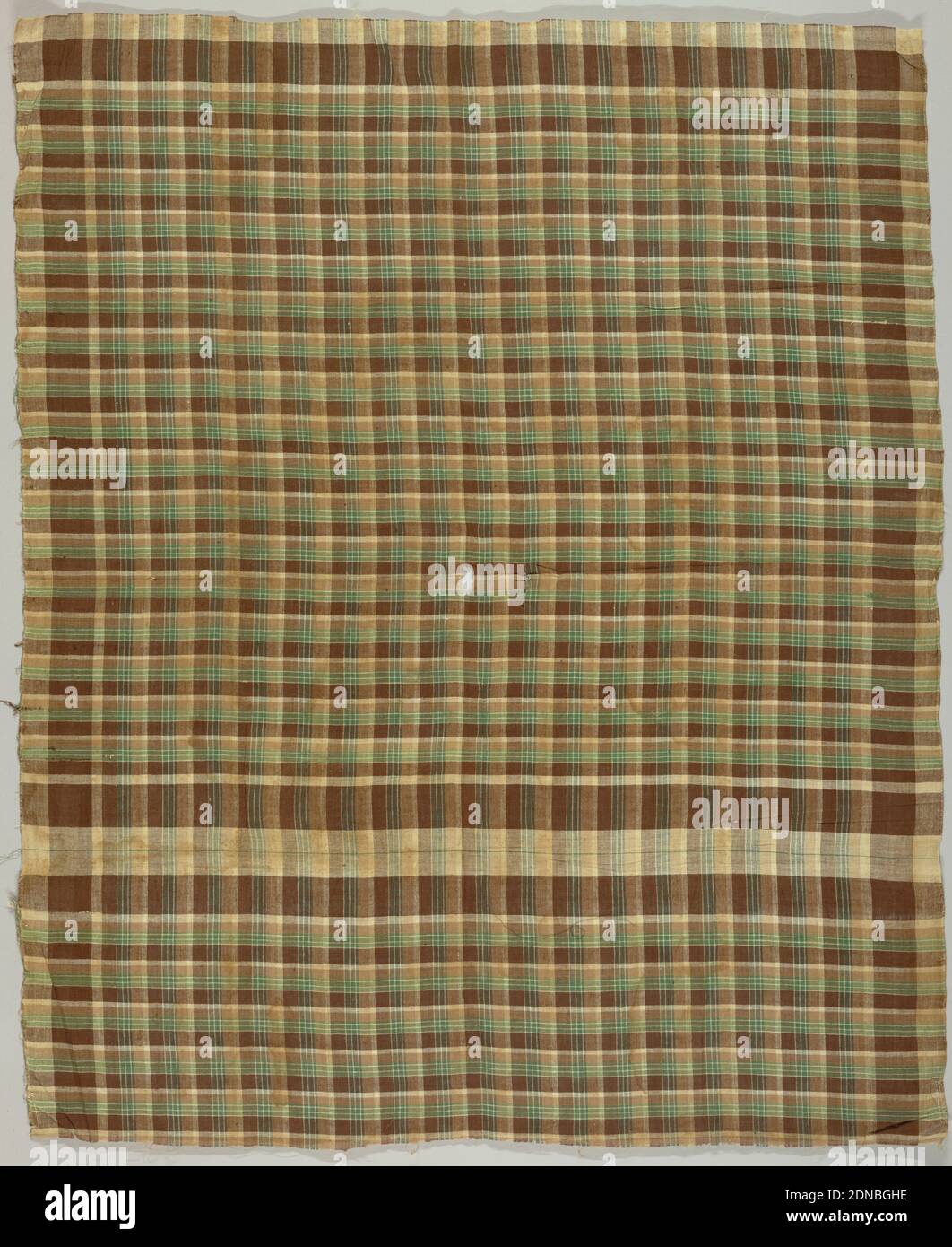 Quadratisch, Mittel: Baumwolltechnik: Leinwandbindung, Gingham in Braun-, Grün- und Weißtönen, USA, 1850–1900, gewebte Textilien, Quadrat Stockfoto