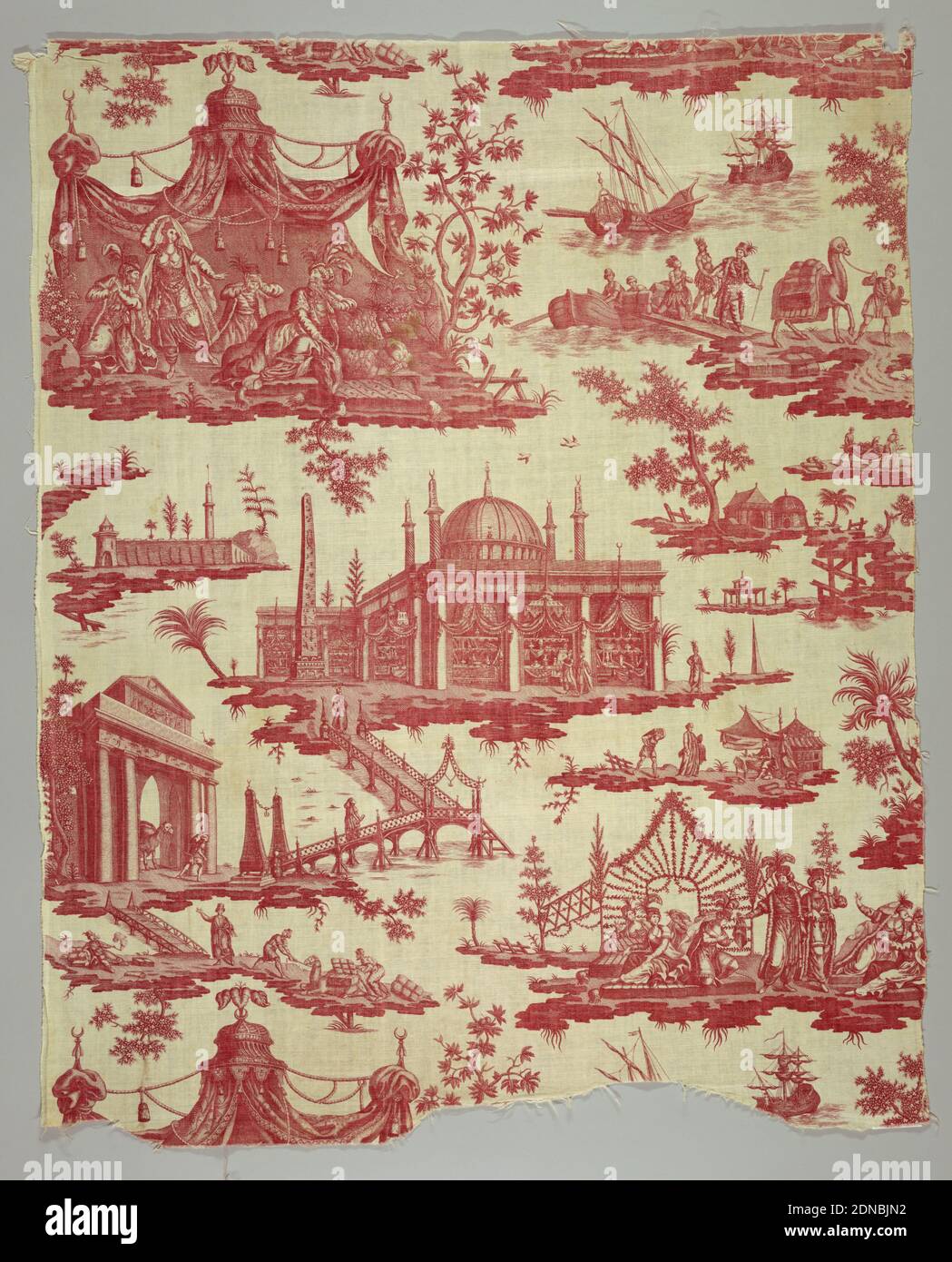 La foire du Caire (die Messe von Kairo), Medium: Baumwolle Technik: Gedruckt mit Kupferstich auf Leinwandbindung, großes Zelt mit exotischen Figuren, ein Einkaufsbasar und eine Straße über dem Wasser. In rot auf weiß., Nantes, Frankreich, 1785–90, bedruckte, gefärbte & bemalte Textilien, Textil, Textil Stockfoto