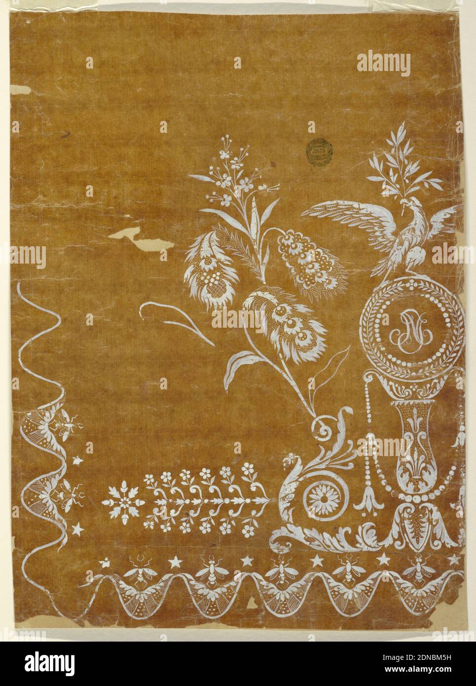 Entwurf für einen gewebten Horizontalen Rand der 'Fabrique de St. Ruf', unvollendet, Fabrique de Saint Ruf, Lyon, Frankreich, Pinsel und weiße Gouache auf glasierten Pauspapier auf Papier geklebt, EINE etwas vereinfachte Variation des Designs 1914-21-102. Der linke Teil wird angezeigt. Die Rinceaux werden verkürzt, die Pflanze vereinfacht. Neben dem Rinceau sind ein horizontal ausgelagerter Pflanzenkandelaber und eine Eichelrosette zu sehen., Frankreich, 1805–1810, Zeichnung Stockfoto