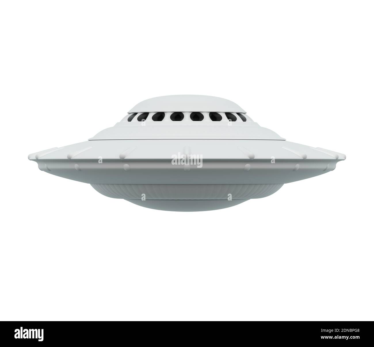 Nicht identifiziertes fliegendes Objekt auf weißem Hintergrund. UFO mit Beschneidungspfad enthalten. 3D-Illustration. Stockfoto