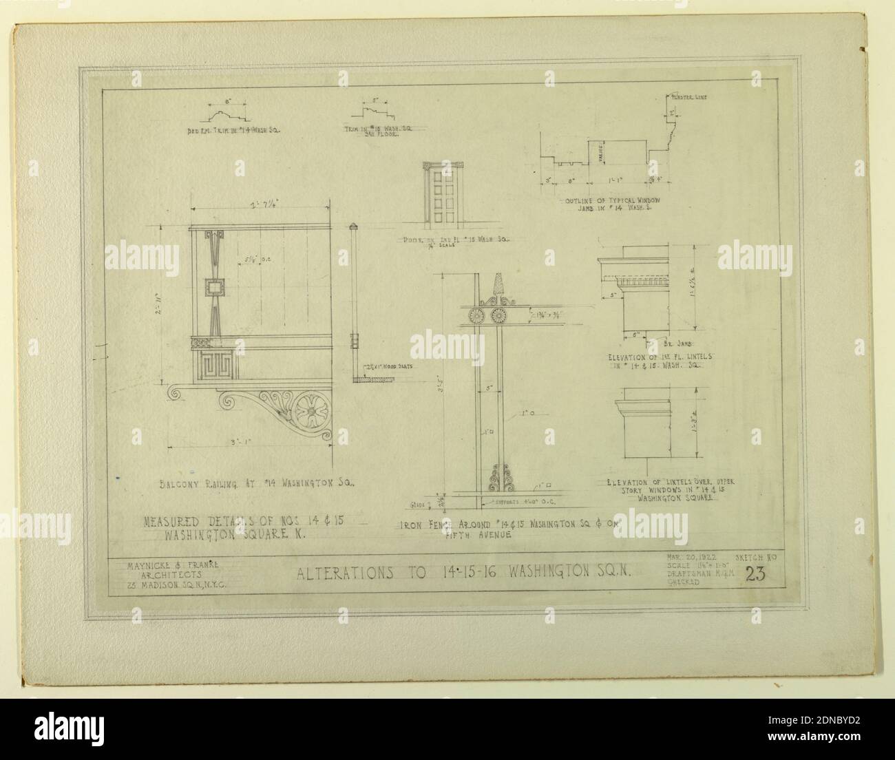 Änderungen an 14-15-16 Washington Square, New York, NY, Sketch No. 23, Graphit auf cremefarbenem Papier an Bord montiert, Zeichnung zeigt mehrere Entwürfe, für die Änderungen von zwei Gebäuden, einschließlich einer Tür, Balkon, Eisenzaun, und 2. Stock Fenster, und 1. Stock Türellen. Es gibt überall Messungen. Oben links: BETT RM. TRIMMEN IN #14 WASCHGANG SQ.; OBERE MITTE: TRIMMEN IN #15 WASCHGANG. SQ / 3. STOCK; OBEN RECHTS: UMRISS DER TYPISCHEN FENSTER / PFOSTEN IN #14 WASCHEN. S.; MITTE: TÜR AN 2. FL #15 WASH SQ. / ¼“ SKALA; UNTEN LINKS: GEMESSENE DETAILS VON NOS 14 & 15 / WASHINGTON SQUARE N./ BALKONGELÄNDER. Stockfoto