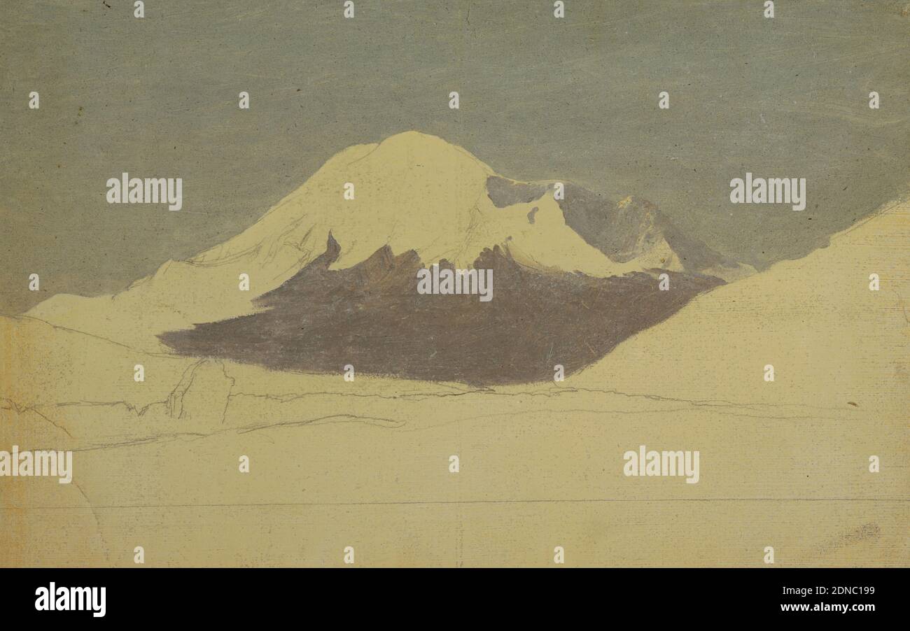 Mount Chimborazo, Ecuador, Frederic Edwin Church, American, 1826–1900, Pinsel und Öl, Graphit auf braunem Papier ?, Horizontale Ansicht des Berges mit dem Himmel und einigen Teilen des Gipfels in einem fertigeren Zustand, während der Rest nur auf einer cremigen Grundfarbe skizziert ist., Juli 1857, Landschaften, Zeichnung Stockfoto