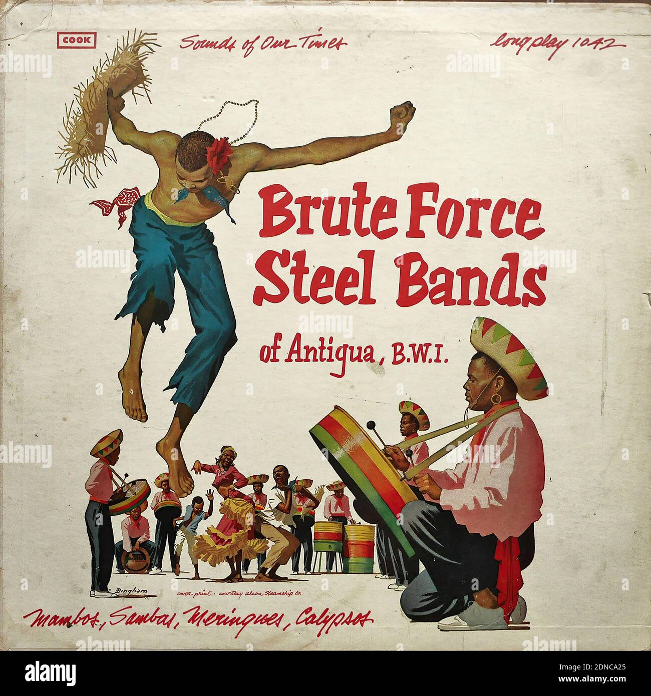 Brute Force Stahlbänder von Antigua, B.W.I. - Sounds of Our Times, Mambos, Sambas, Meringues, Calypsos, COOK Longplay 1042 - Vintage Vinyl Album Cover Stockfoto