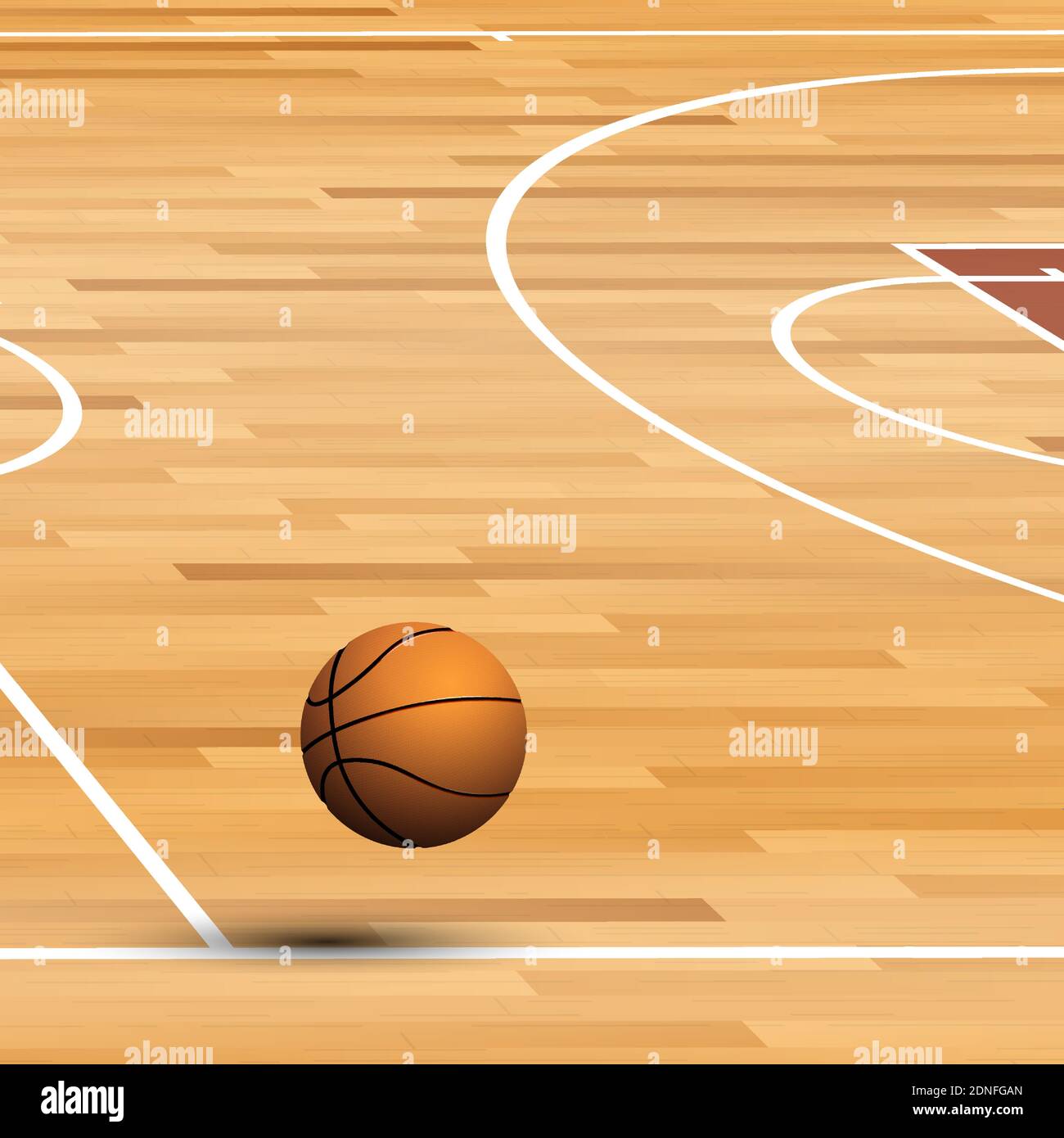 Realistischer Ball für Basketball fliegt in Linie von Holzparkettplatz. Weltturnier. Sportausrüstung. Hintergrund für Design-Sportwettbewerbe. Vect Stock Vektor