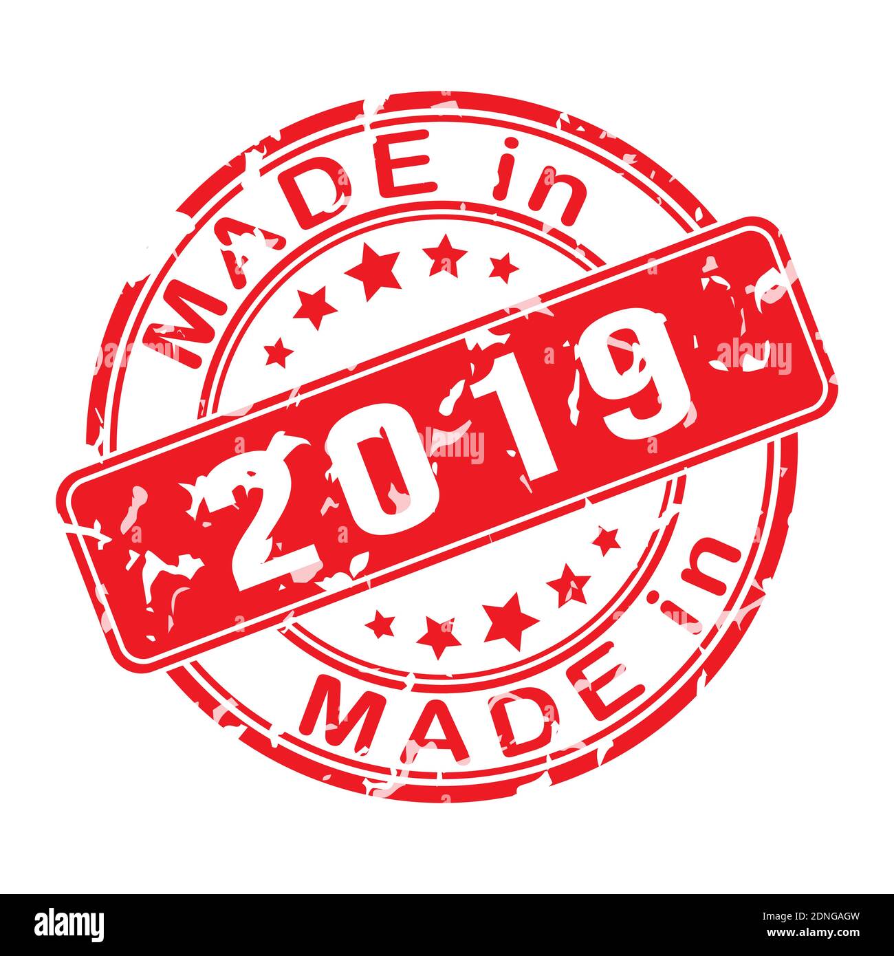 Imprint of a seal or stamp with the inscription MADE IN 2019. Editable vector illustration. Label, sticker or trademark. Flat style. Stock Vektor