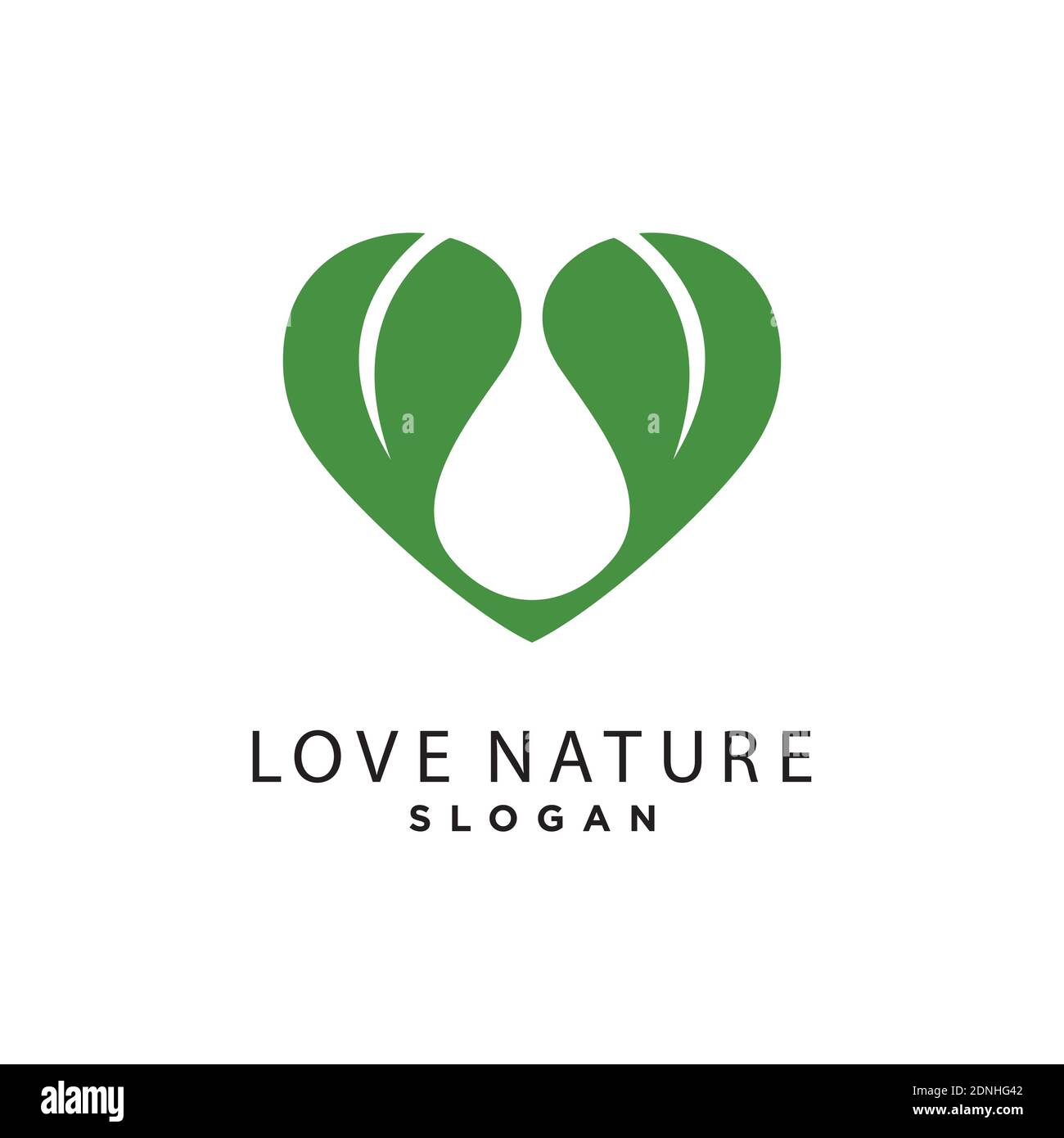 Grüne Ikone mit Herzform und zwei Blättern. Kann für Öko, vegan, pflanzliche Gesundheit oder Natur verwendet werden Stock Vektor