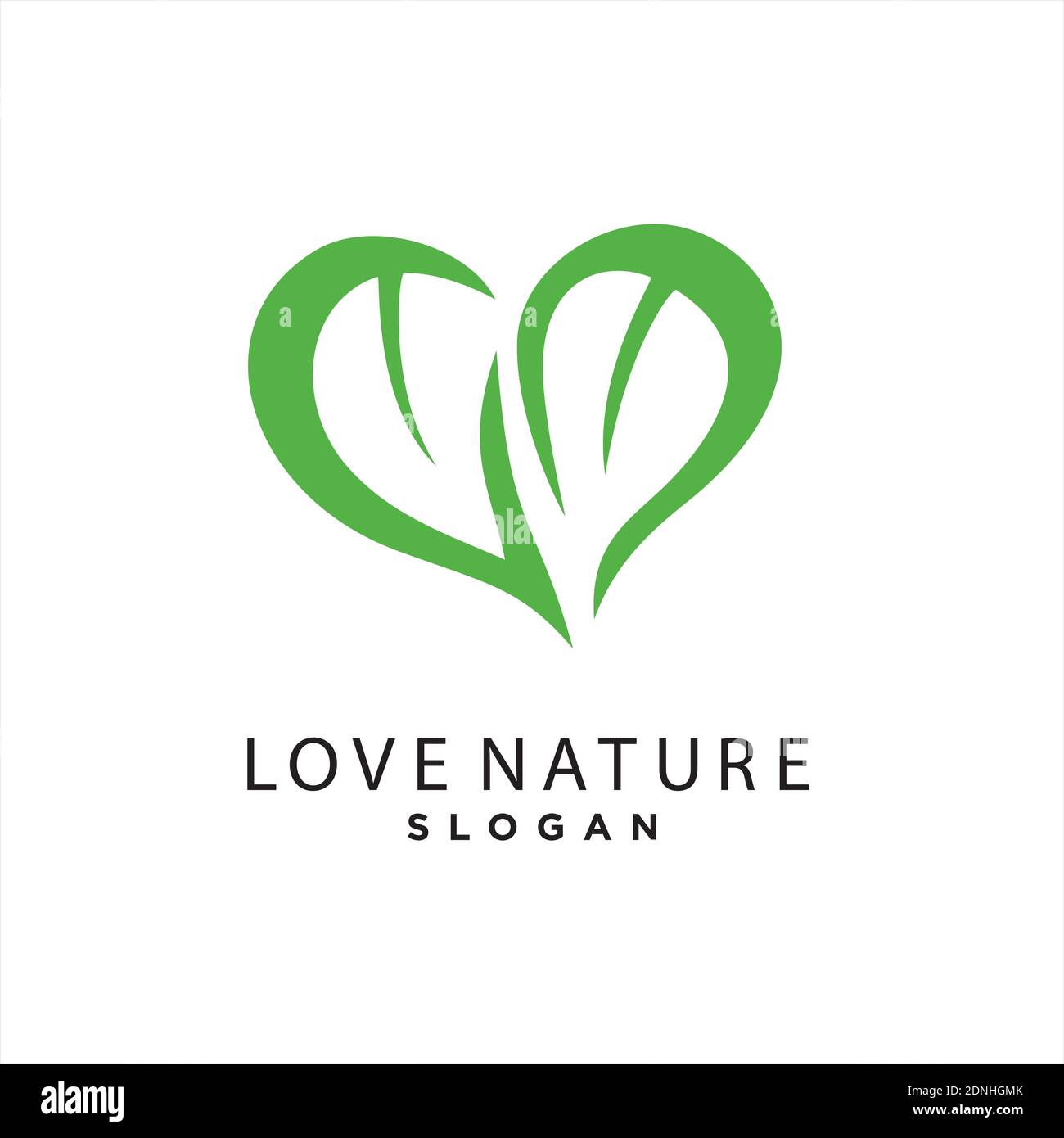 Grünes Logo-Symbol mit Herzform und zwei Blättern. Kann für Öko, vegan, pflanzliche Gesundheit oder Natur verwendet werden Stock Vektor