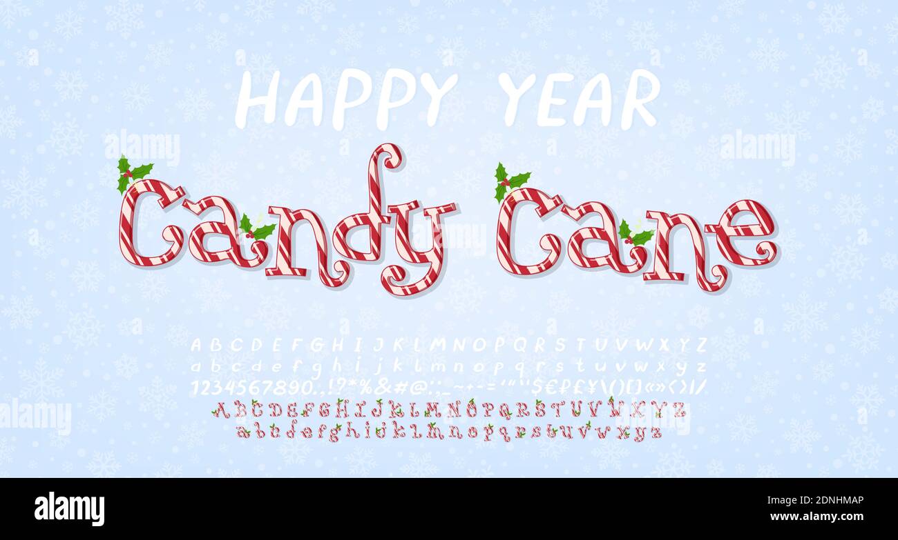 Happy Year Candy Cane, lustig niedlichen Hintergrund für Poster, Website, Flyer. Cartoon Alphabet mit Misteldeko. Stock Vektor