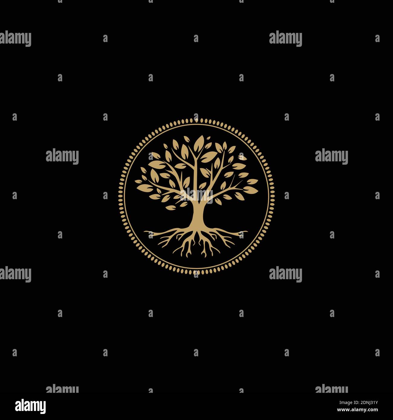 Goldener Baum des Lebens Stempelsiegel Emblem Eiche Banyan Ahorn Logo-Design Stock Vektor