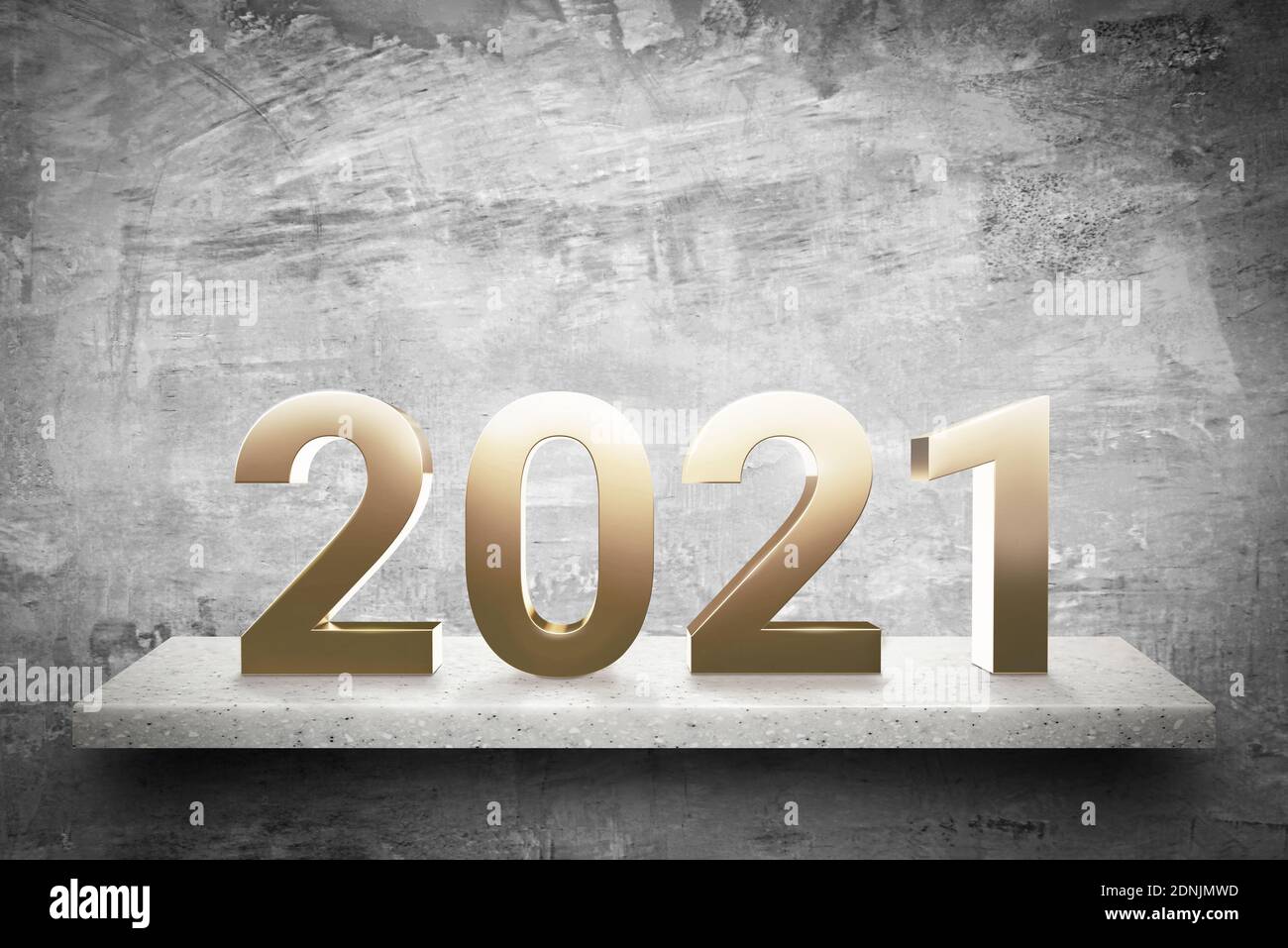 Goldene 2021 Nummern auf Marmorsteinregal in grungy grau Betonwand Hintergrund für das neue Jahr Konzept Stockfoto