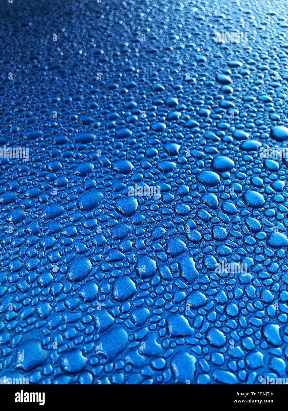 Ein abstrakter Hintergrund von Kondenswassertröpfchen oder Tau auf Eine hellblaue metallische Oberfläche mit Kopierfläche Stockfoto