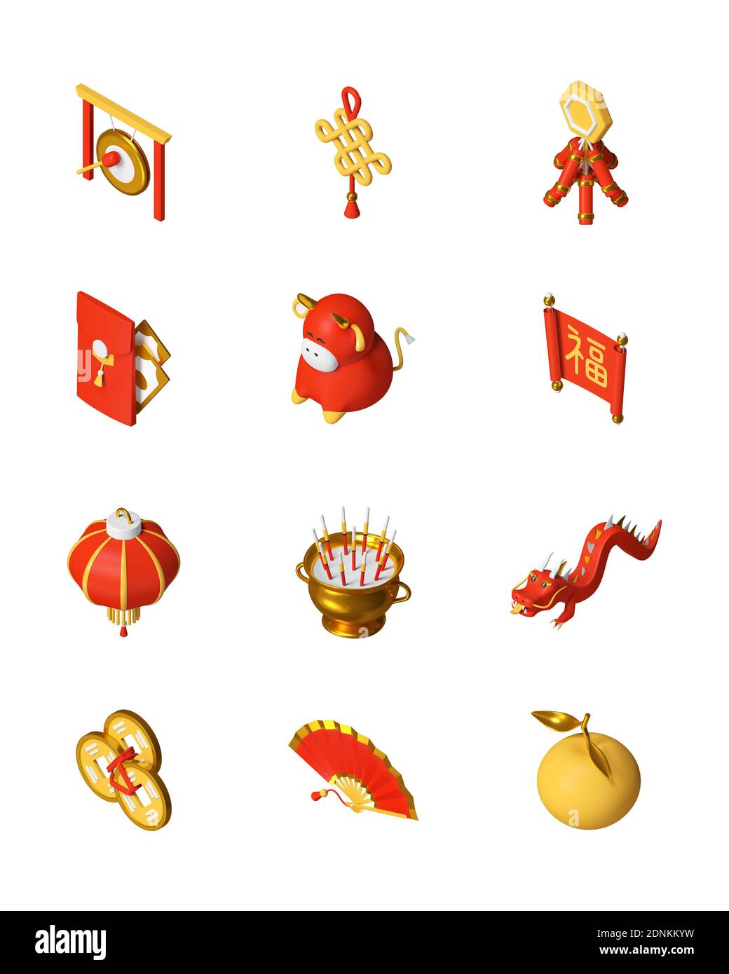 Chinese New Year - Set von bunten 3d-Symbole. Feiertagssymbole, Kultur und nationale Traditionen Idee. Laterne, Feuerwerkskörper, Knoten, feng Shui Münzen, oran Stockfoto