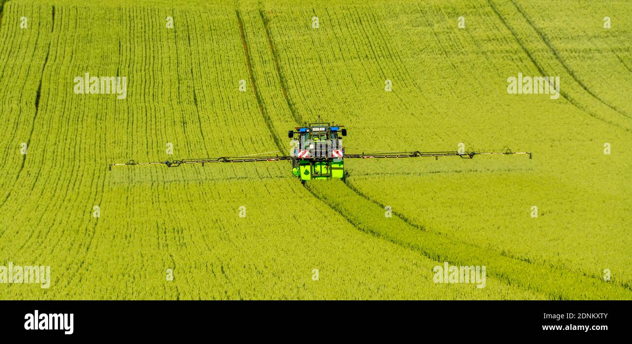 Große Feldspritze für die Landwirtschaft, die an sonnigen Tagen in der Nähe des ländlichen Raums auf einem lebhaften grünen Feld arbeitet. Frankreich Stockfoto