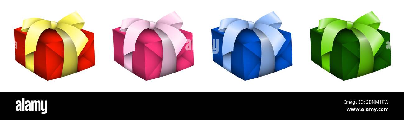 Geschenkschachteln mit mehrfarbigen Seidenschleifen auf der Oberseite. Geschenke und Überraschungen für das neue Jahr 2021 und Geburtstag. Leicht bearbeitbare Farbe. Vektor Stock Vektor