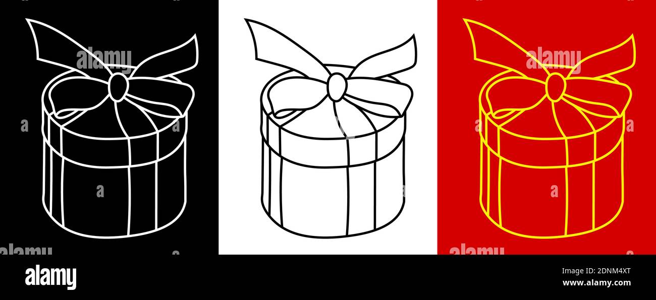 Runde Geschenkboxen mit Schleife auf der Oberseite. Geschenke und Überraschungen für Neujahr 2021 und Geburtstag. Schwarz-Weiß-Vektor Stock Vektor
