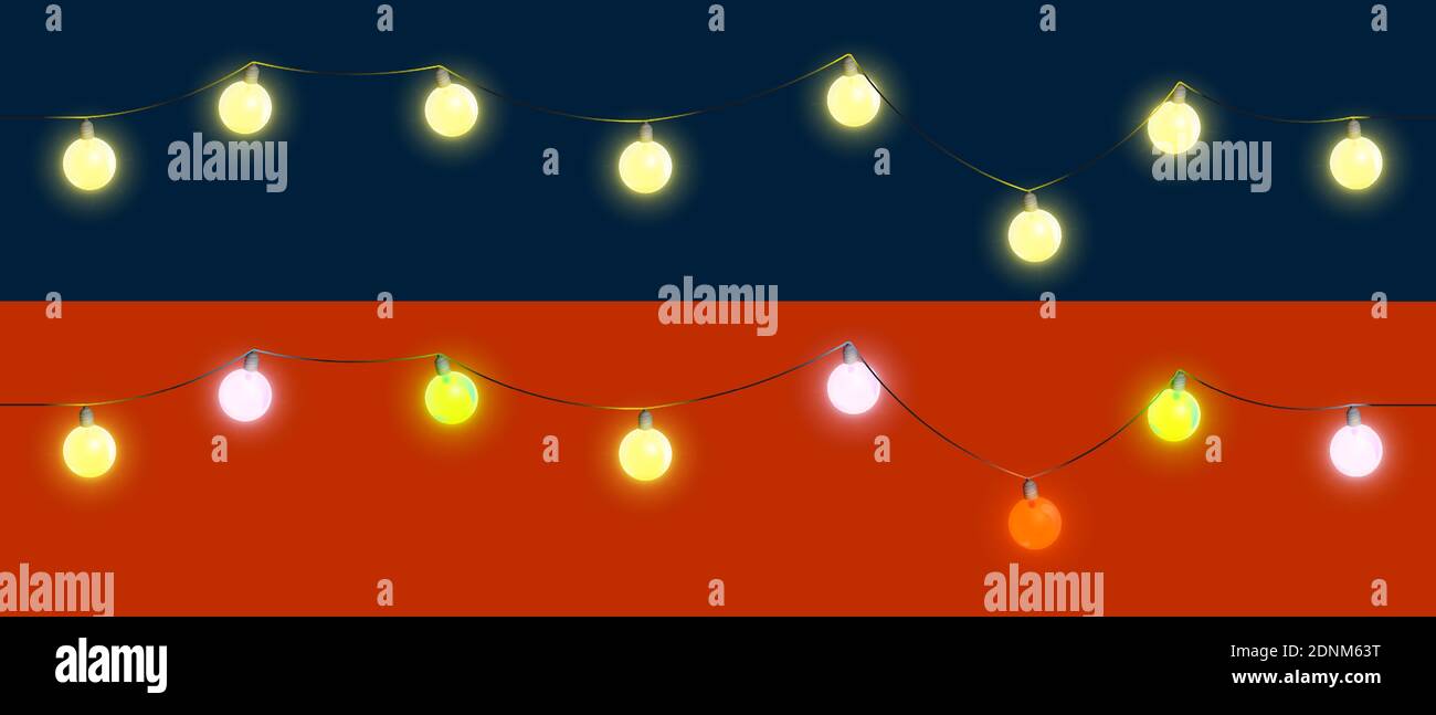 2021 Weihnachtsbaumschmuck für Neujahr. Nahtlos wiederholende festliche Girlanden mit Glühbirnen. Neujahrsstimmung, festliche Straßenbeleuchtung. Mai Stock Vektor