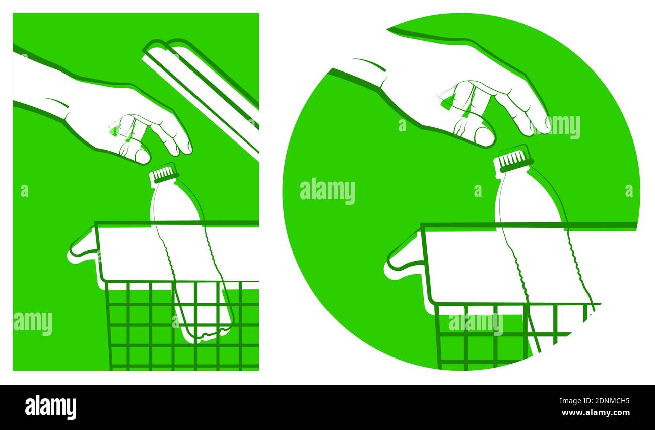 Man Hand wirft leere Plastikflasche in den Abfalleimer zum Recycling. Recycling von Kunststoffabfällen, gebrauchten Rohstoffen. Umweltschutz. Grün modern t Stock Vektor