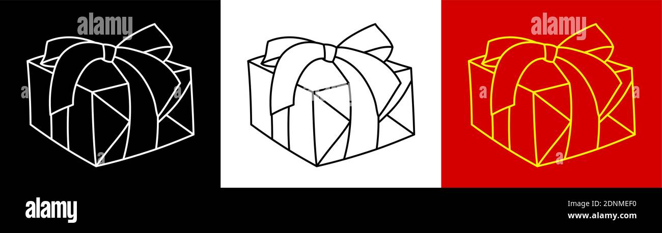 Geschenkschachteln Icon mit Schleifen oben. Geschenke und Überraschungen für Neujahr 2021 und Geburtstag. Schwarz-Weiß-Vektor Stock Vektor