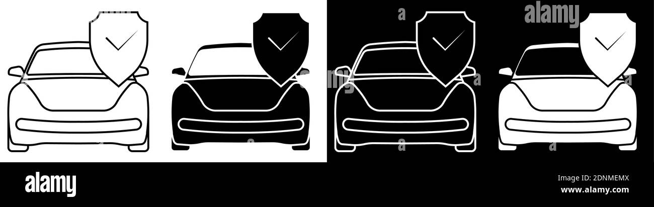 Kfz-Versicherung Symbole, Eigentum. Das Auto ist durch einen Schild geschützt. Sachversicherung. Vektor Stock Vektor