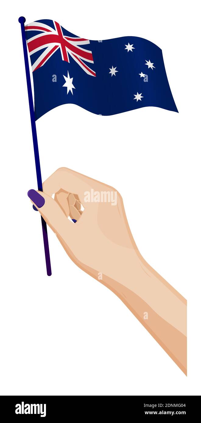 Weibliche Hand hält sanft kleine Flagge von Australien. Design-Element Urlaub. Cartoon-Vektor auf weißem Hintergrund Stock Vektor