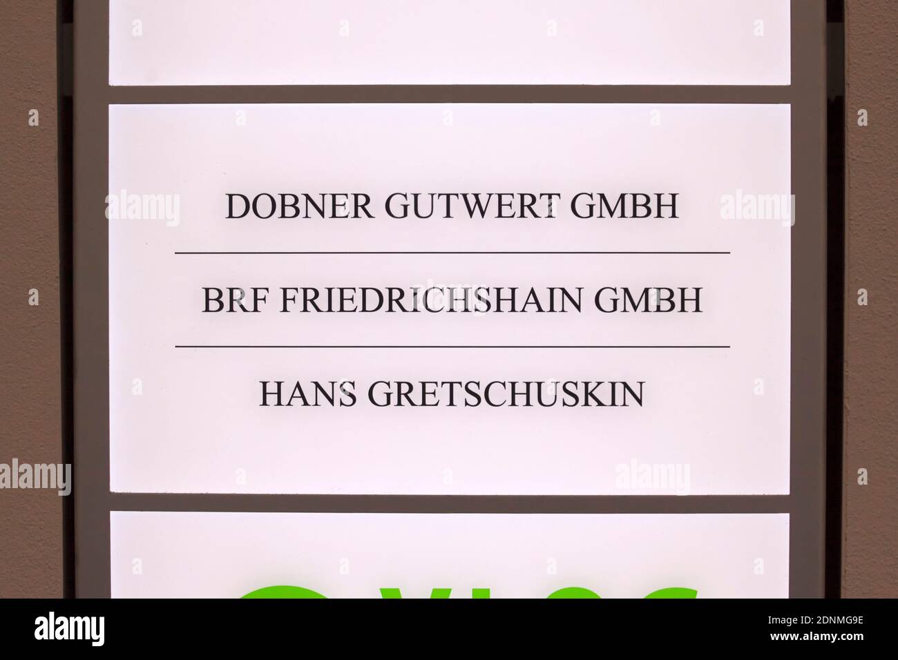 Sign, Dobner Gutwert GmbH, BRF Friedrichshain GmbH, Hans Gretschuskin, Stockfoto