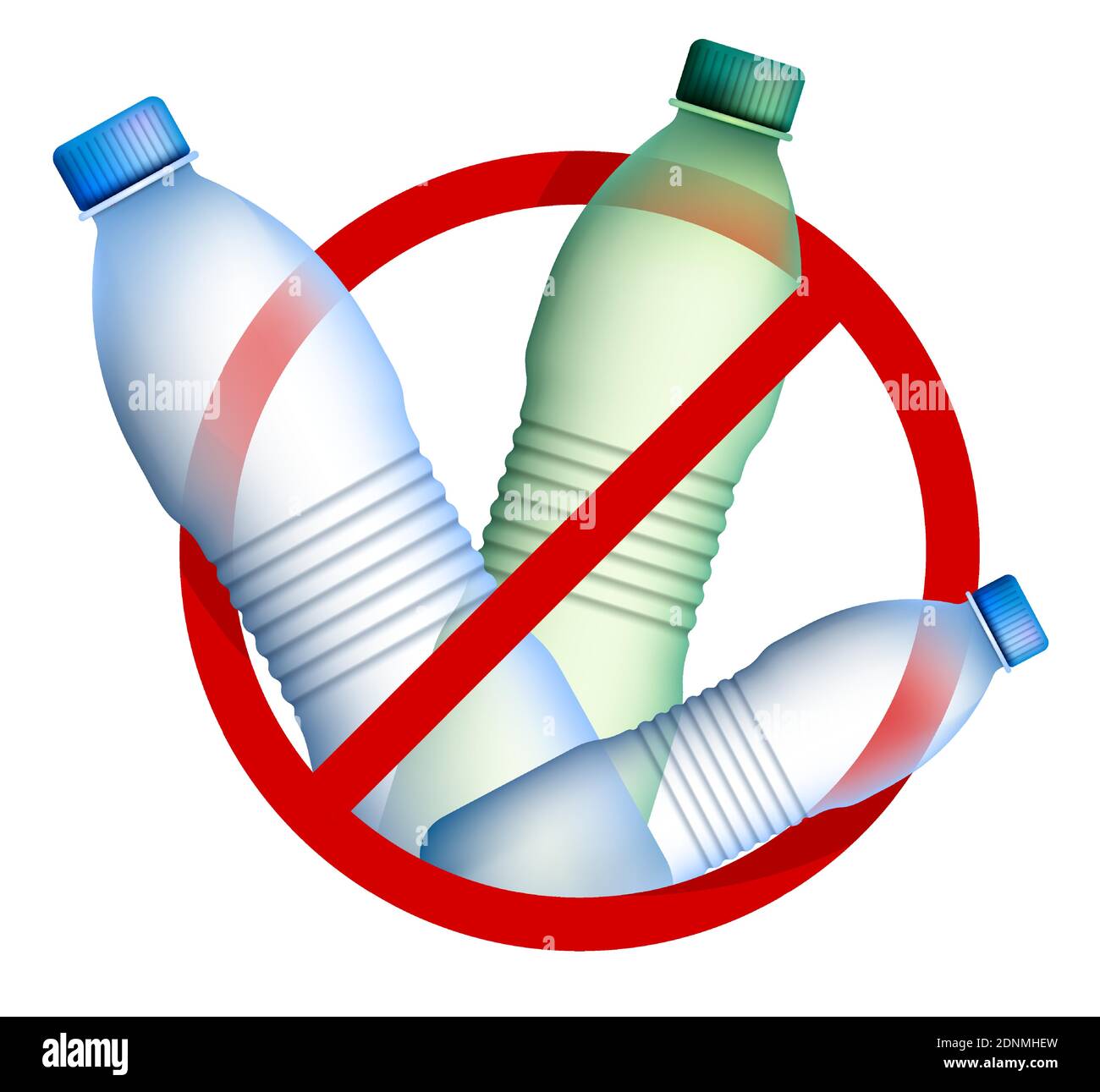 Plastikflaschen unter Verbotsschild. Bekämpfung der Umweltverschmutzung durch Plastikmüll. Weiterverarbeitung von Rohstoffen. Umweltschutz. Stock Vektor