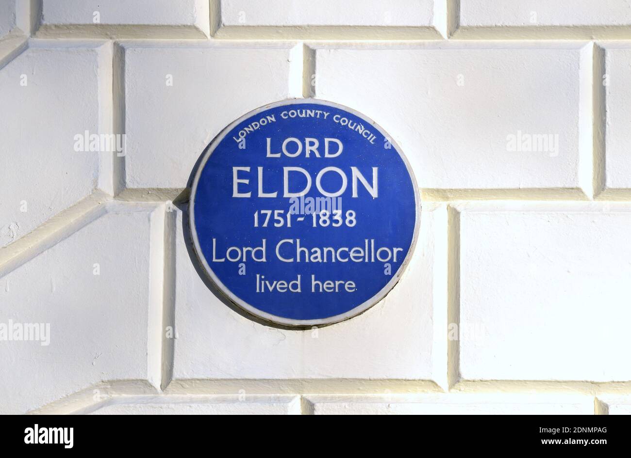 London, Großbritannien. Gedenktafel am 6 Bedford Square: 'Lord Eldon 1751-1838 Lord Chancellor lebte hier' John Scott, 1. Earl of Eldon, PC, QC, FRS, FS Stockfoto