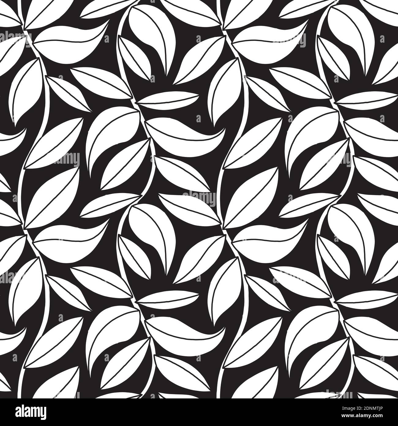 Nahtloses Vektor-Muster mit einfachen Blättern auf Ästen in schwarz-weiß Natur Tapete Hintergrund. Stock Vektor