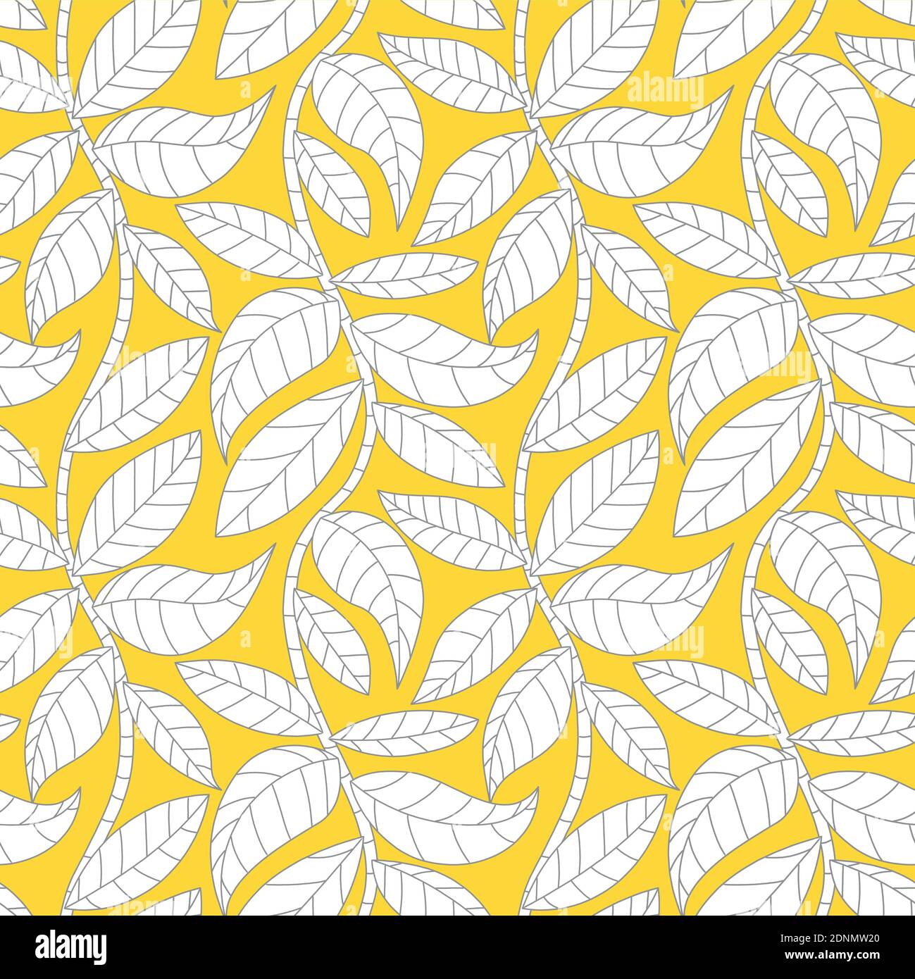 Nahtloses Vektormuster mit einfachen Blättern auf Ästen in ultimativem Grau und leuchtendem Gelb. Lebendige Natur Tapete Hintergrund. Stock Vektor