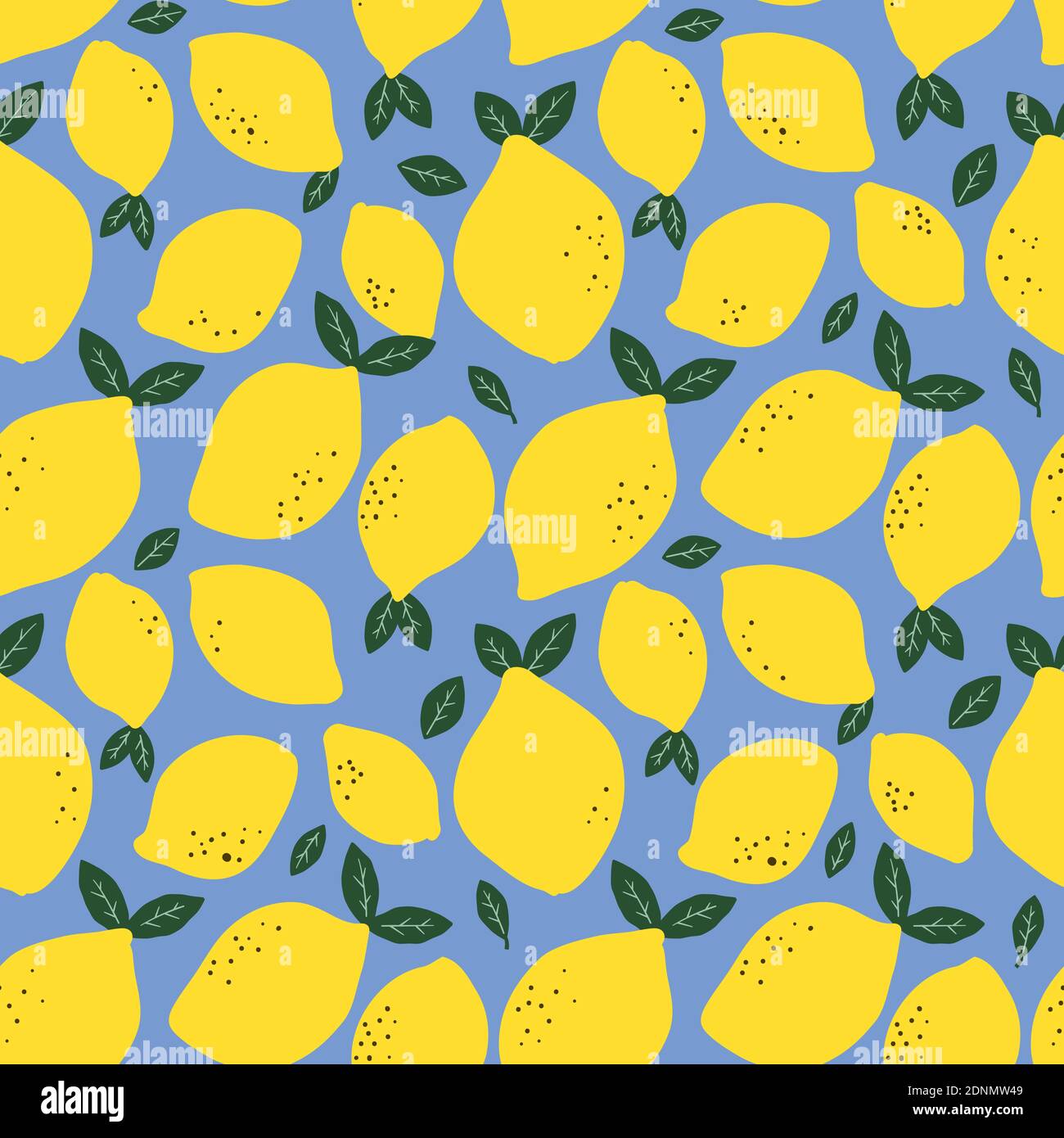 Handgezeichnetes Nahtloses Muster mit frischen Zitronen und Blättern auf blauem Hintergrund. Vektor mit farbenfrohen Tapeten. Unendliches Muster mit Zitrusfrüchten. Dez Stock Vektor