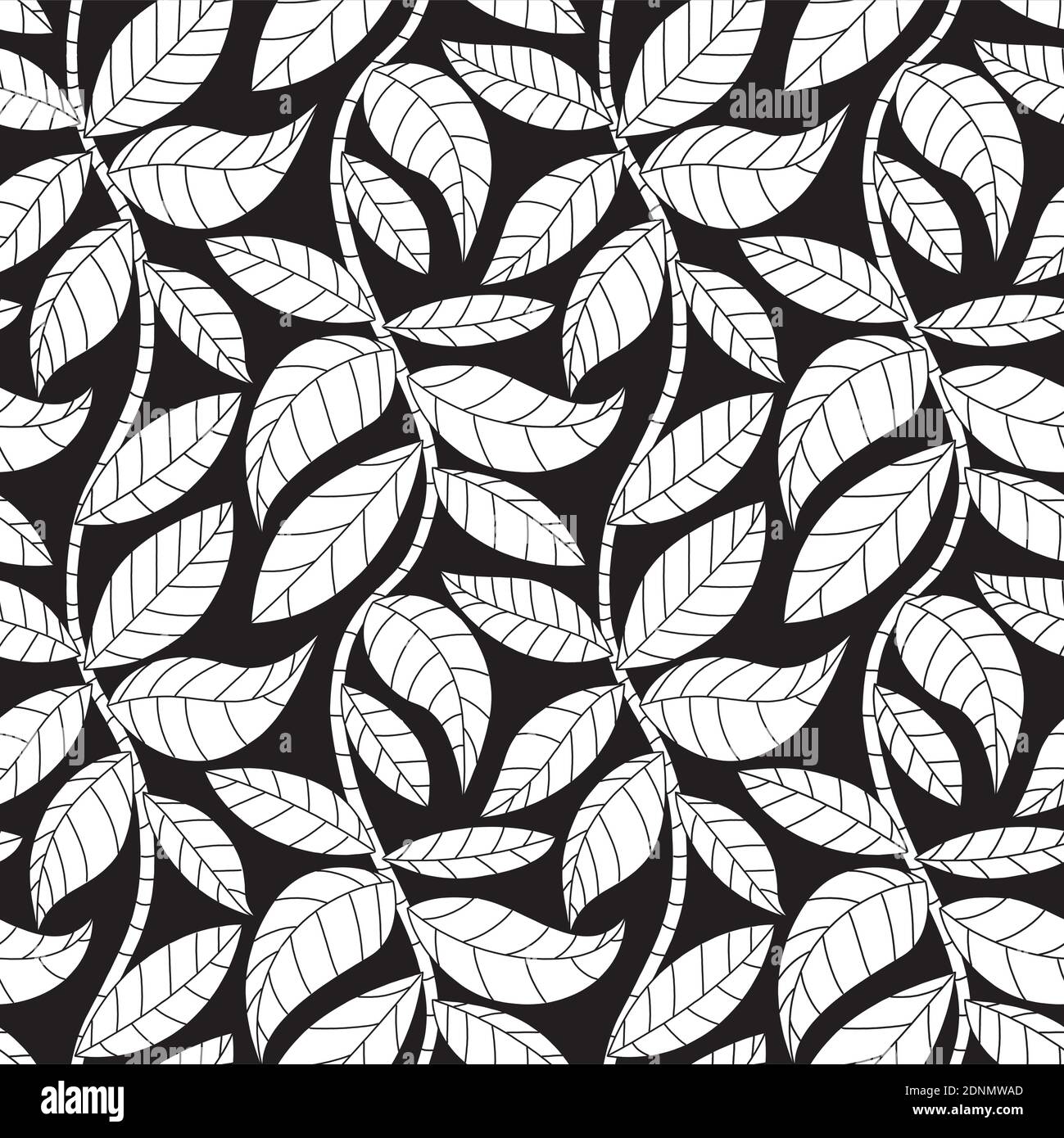 Nahtlose Vektor-Muster mit einfachen Blättern auf Ästen in schwarz und weiß. Natur Tapete Hintergrund. Stock Vektor
