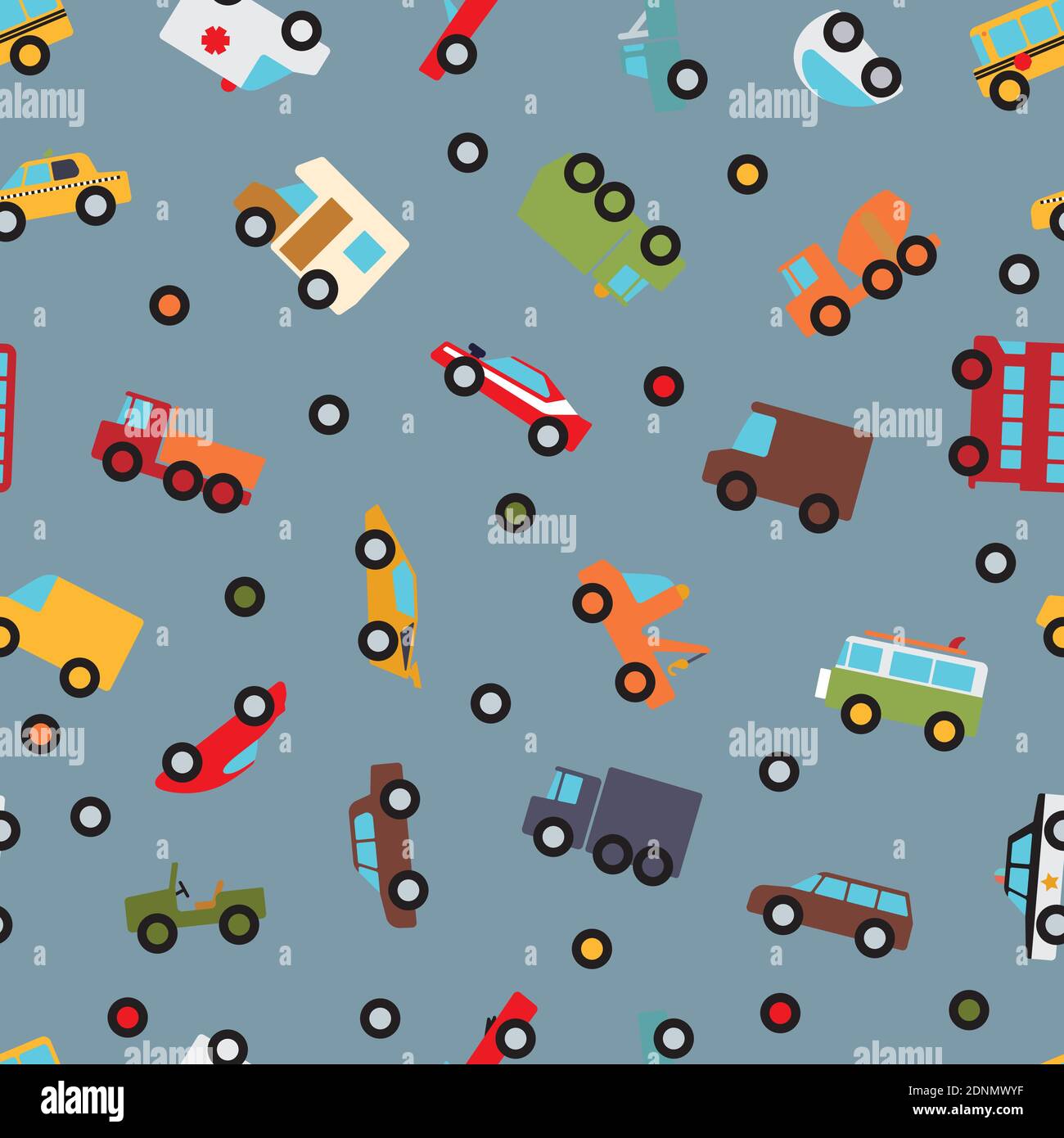 Nahtloses Muster mit Autos und Lastwagen einfache Illustrationen. Kinderzimmer Vektor-Tapete. Stock Vektor