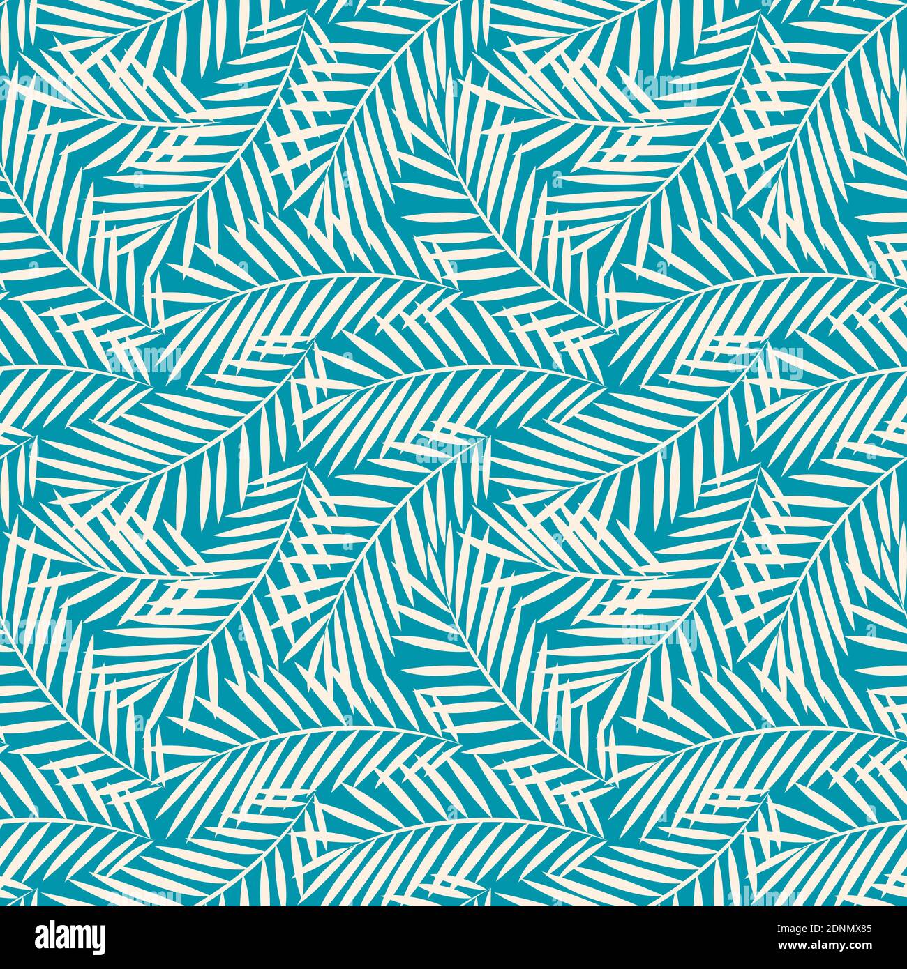 Nahtloses Muster mit beigefarbenen Palmenblättern auf türkisfarbenem Hintergrund. Tropischer Hintergrund. Stock Vektor
