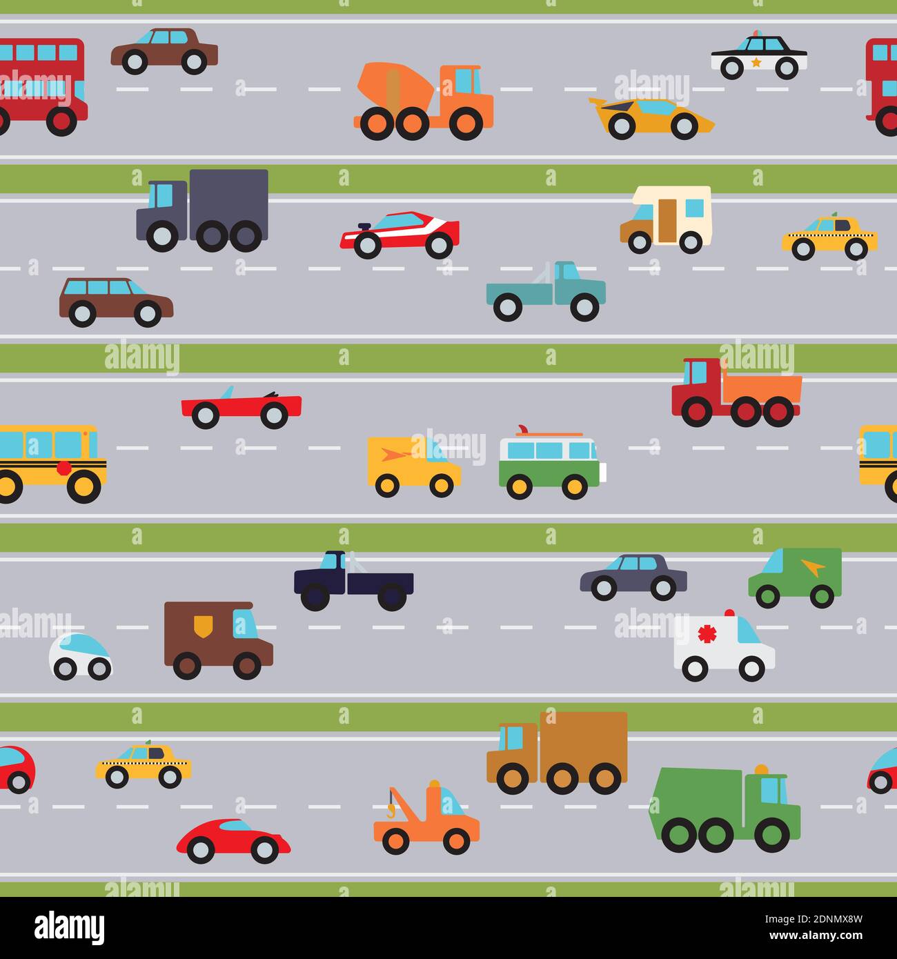 Nahtloses Muster mit Autos und Lastwagen auf Straßen. Kinderzimmer Vektor-Tapete. Stock Vektor