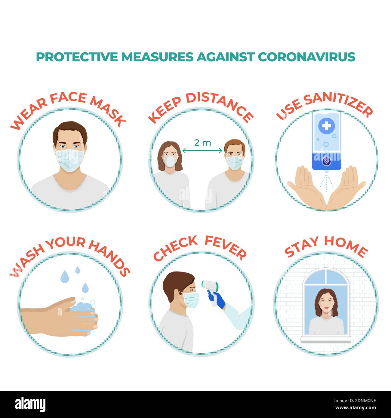Schutzmaßnahmen gegen Coronavirus Covid-19 Vektordarstellung. Stock Vektor