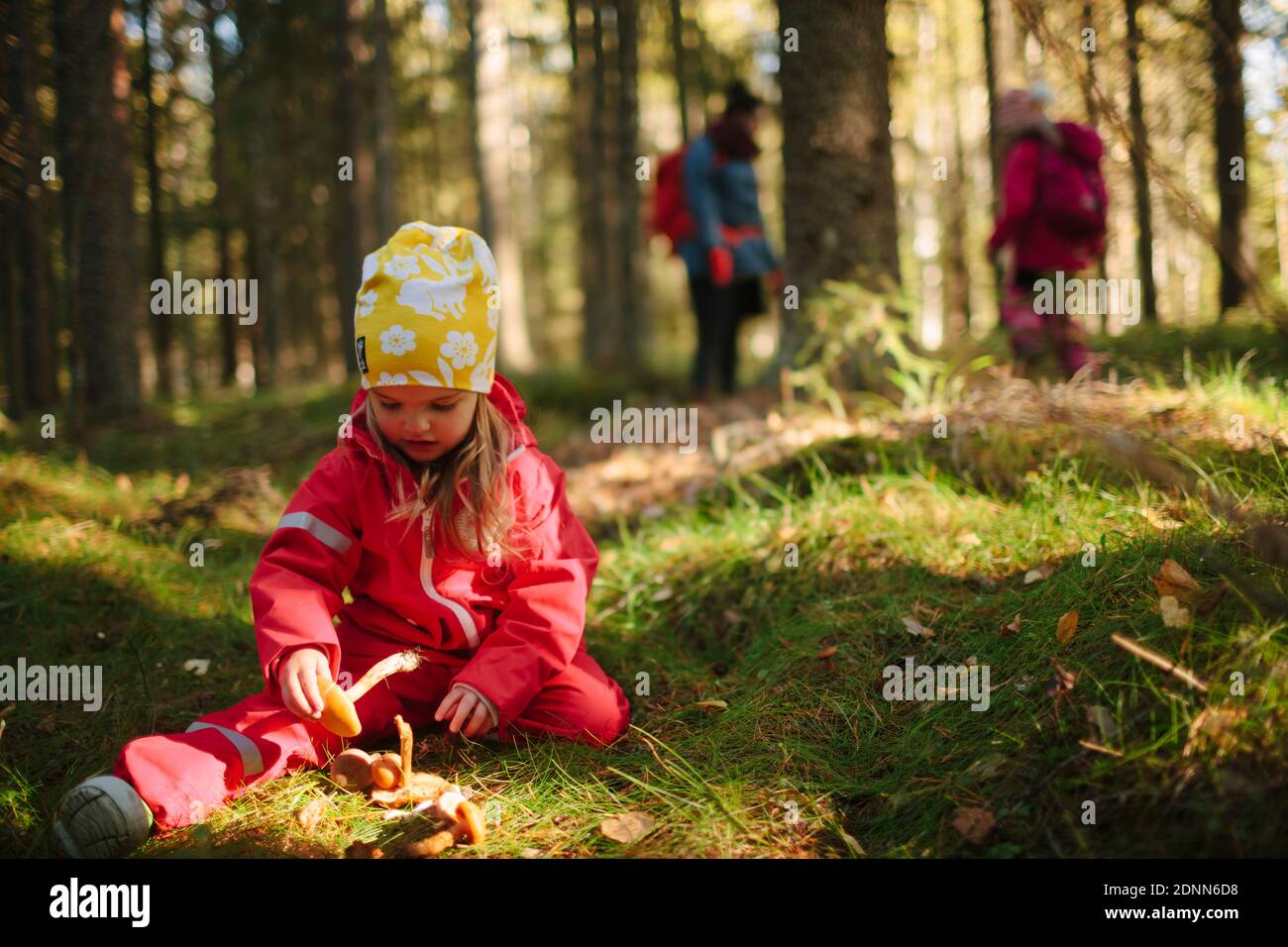 Mädchen sitzt im Wald Stockfoto